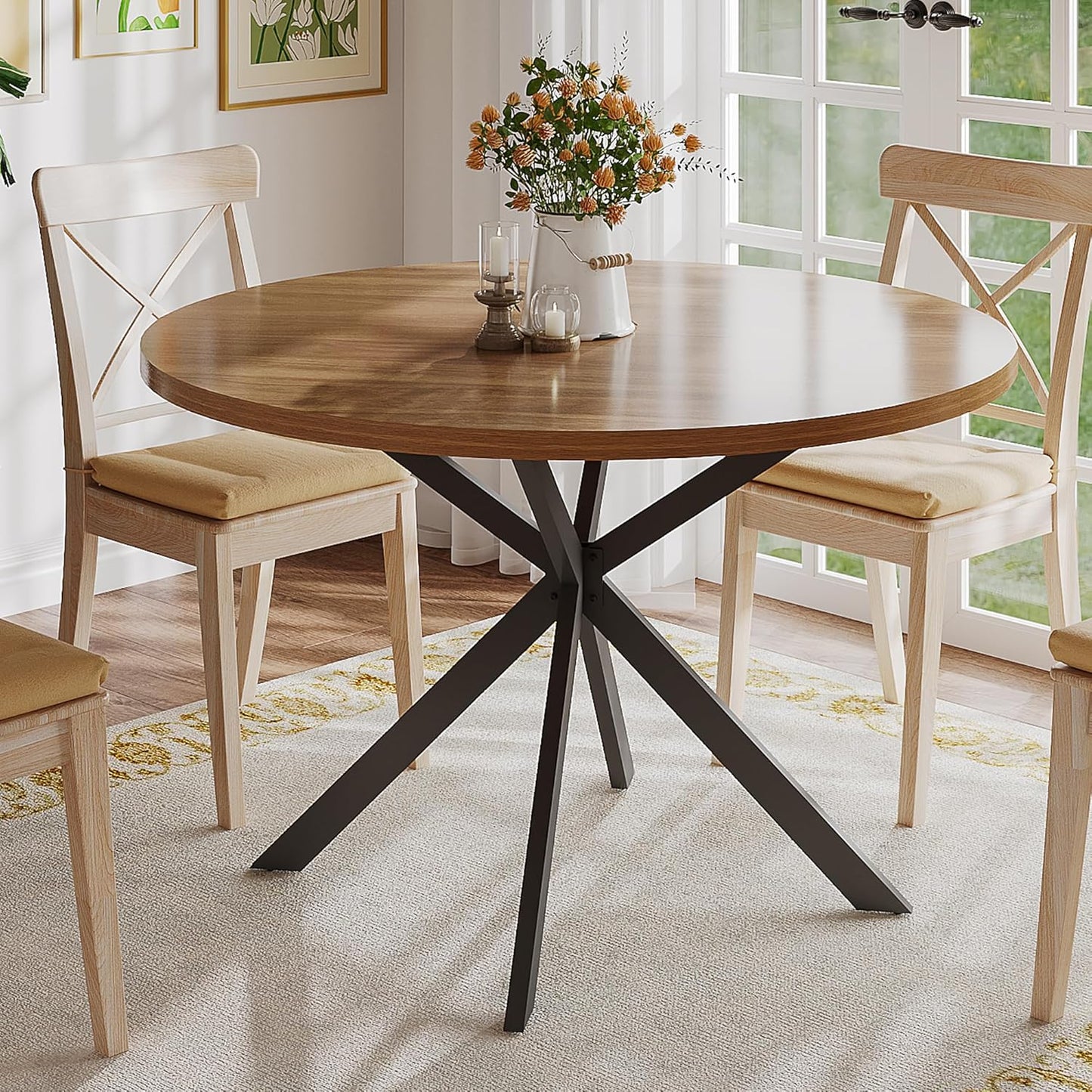 ChooChoo 47.2 Inch Round Dining Table for 4, Farmhouse Wood Kitchen Table, Circle Dinner Table for Kitchen & Dining Room, Walnut