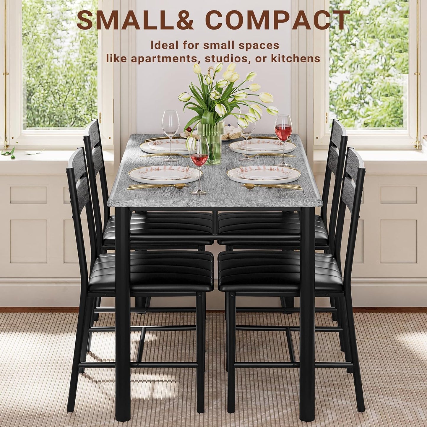 IRONCK Dining Table Set for 4, Wood Kitchen Table with Upholstered Chairs for Kitchen Room and Small Spaces, Grey