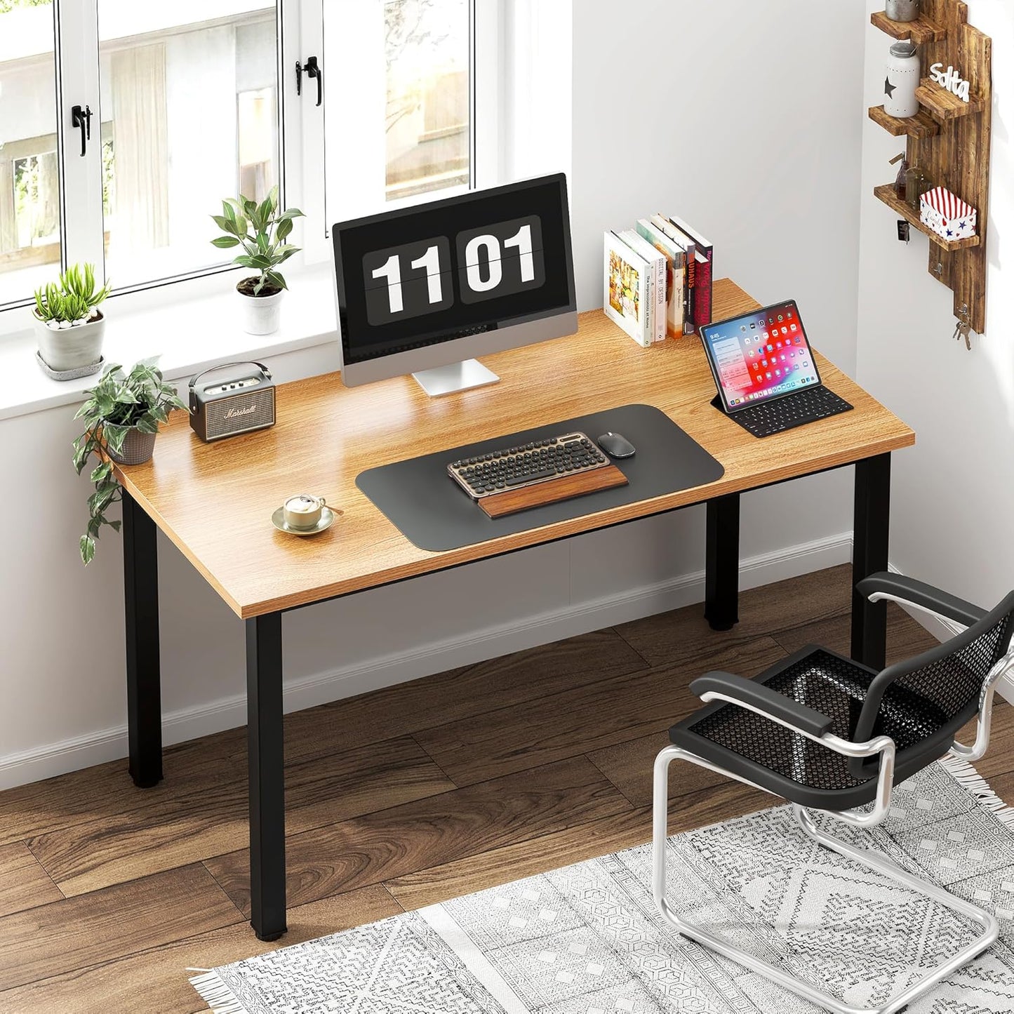 Need Computer Desk, 47 inch Home Office Desk, Modern Simple Style Home Office Gaming Desk, Basic Writing Table for Study Student, Black Metal Frame, Teak