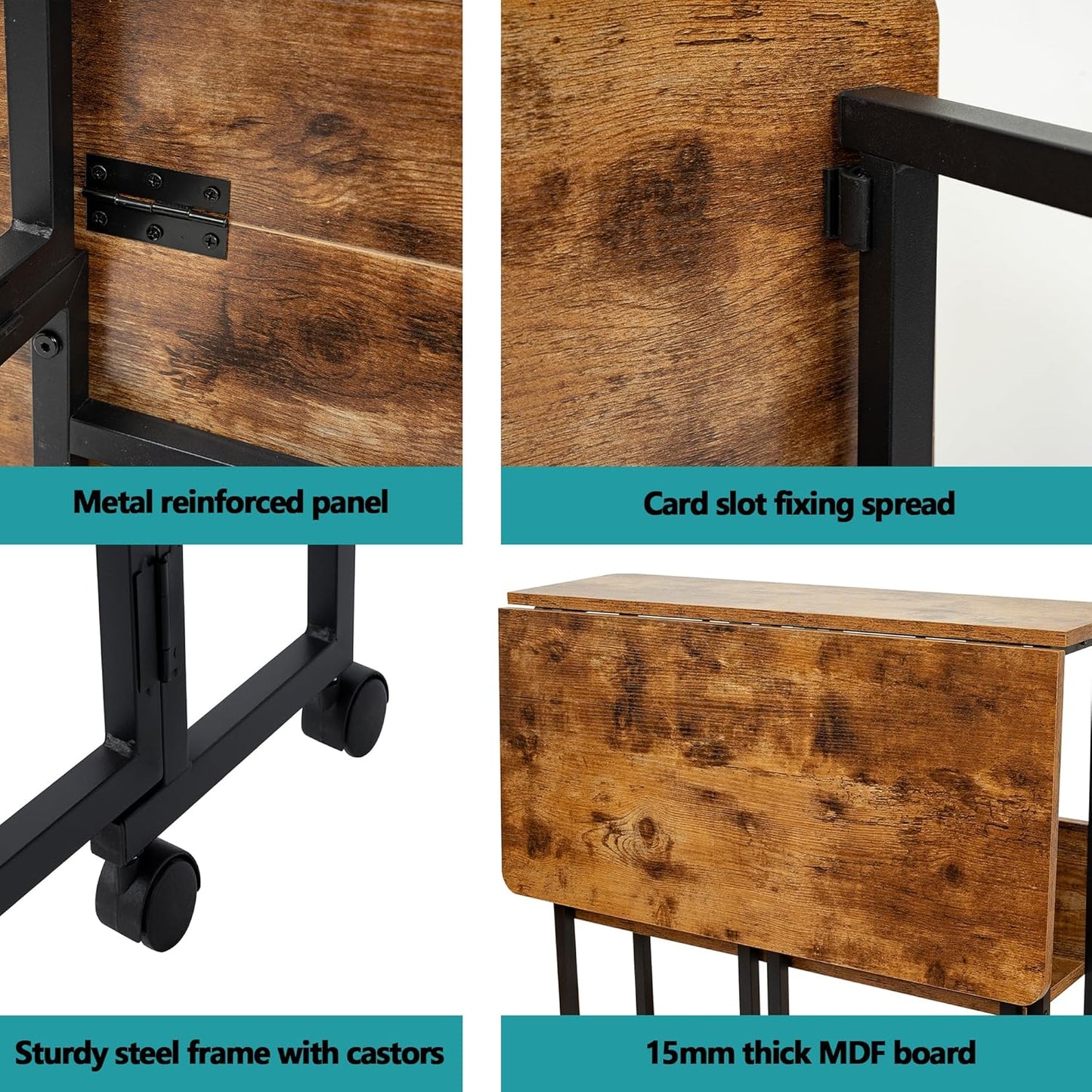 Mobile Foldable Desk w/Wheels and Feet Pads, Foldable Computer Desk, Folding Desk, Small Computer Desk for Small Spaces, Folding Table for Office Bedroom Living Room-Rustic Brown