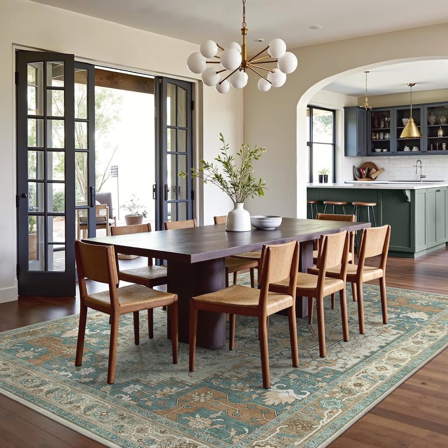 GENIMO 8x10 Area Rugs for Living Room, Machine Washable Non Slip Vintage Rugs, Low Pile Lightweight Chenille Print Rug for Bedroom, Dining Room, Home Office,Ash Blue