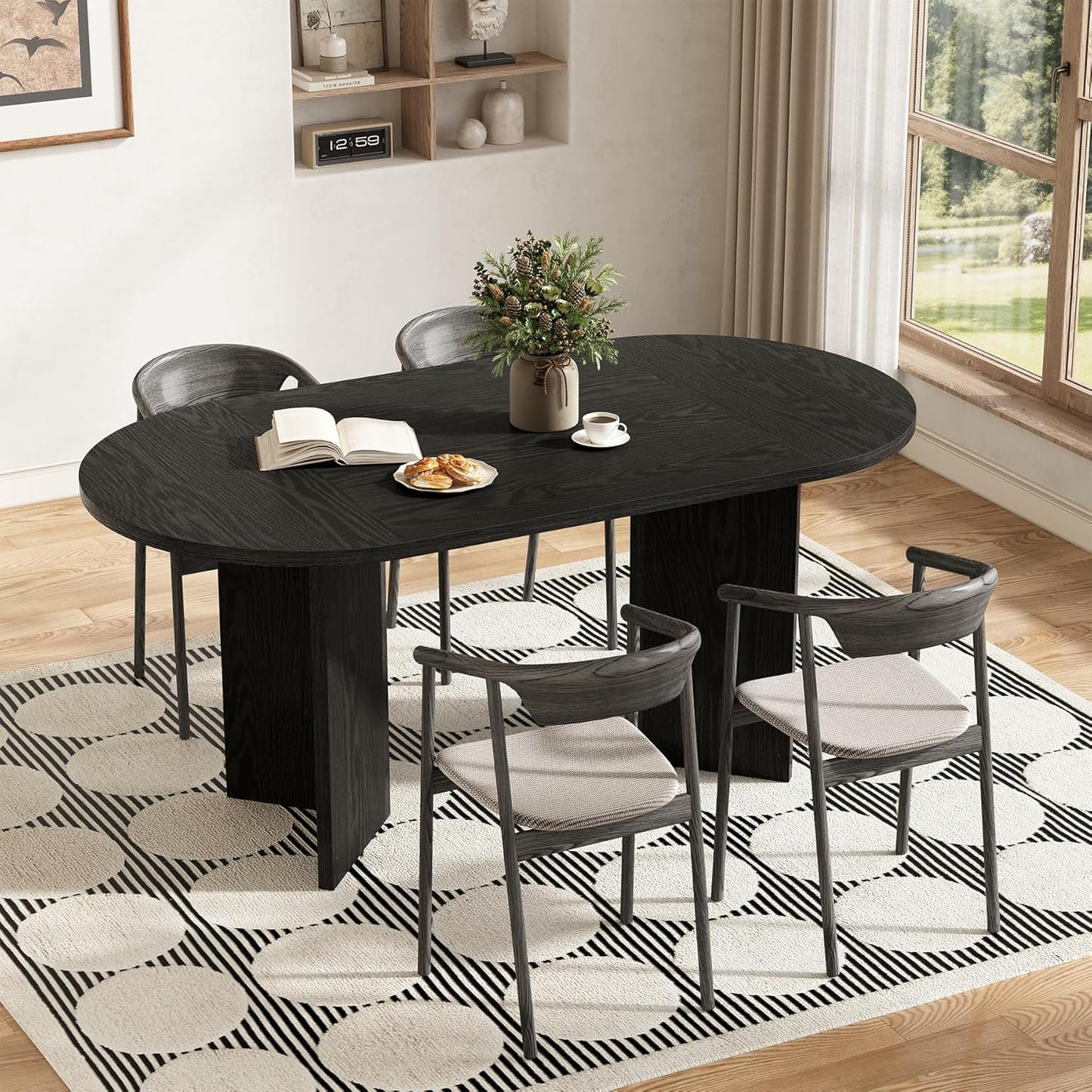 LITTLE TREE 63" Rustic Oval Dining Table for 4-6, Sturdy MDF Farmhouse Kitchen Table with Metal Strip Base, for Living Room, Office, Restaurant, Multi-Use, Black