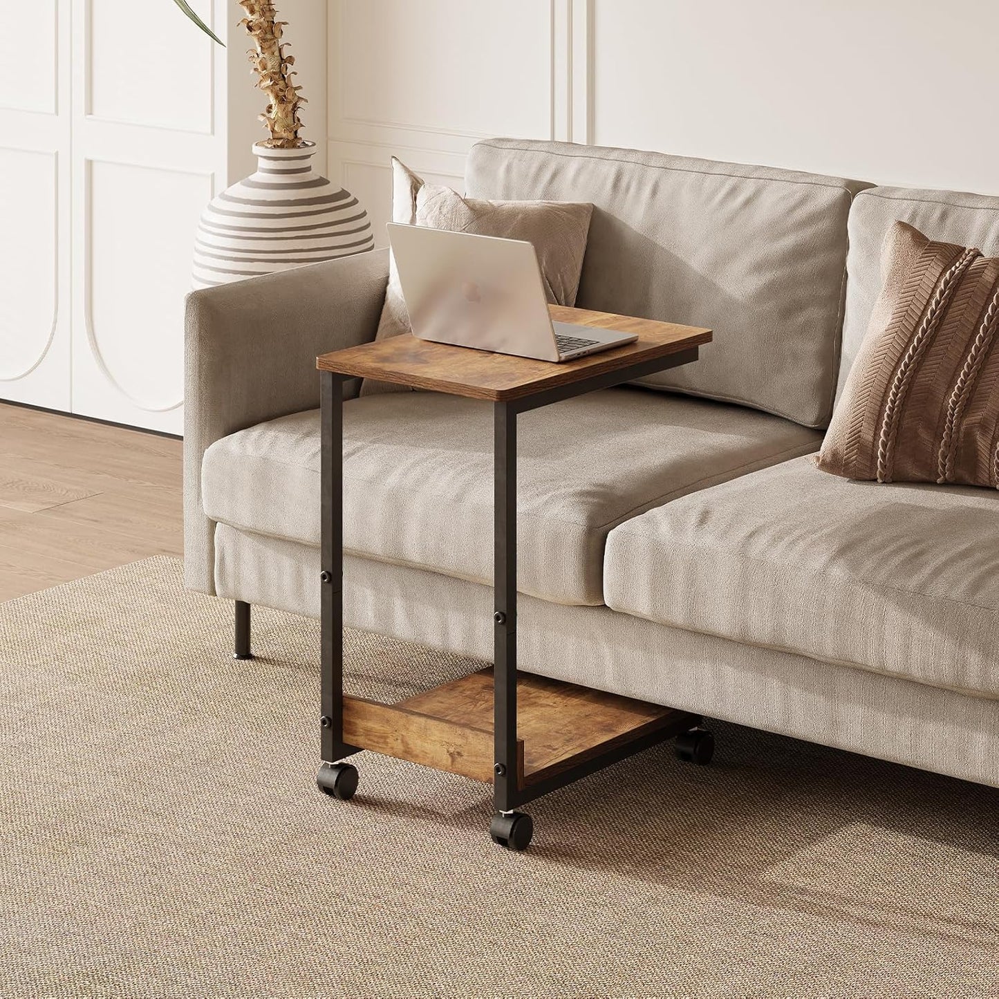 Side Table,C Table with 2-Tier Storage Shelf, End Table TV Tray with Metal Frame, Sofa Table with Wheels for Living Room, Bedroom, Office, Bathroom, Easy Assembly, Brown