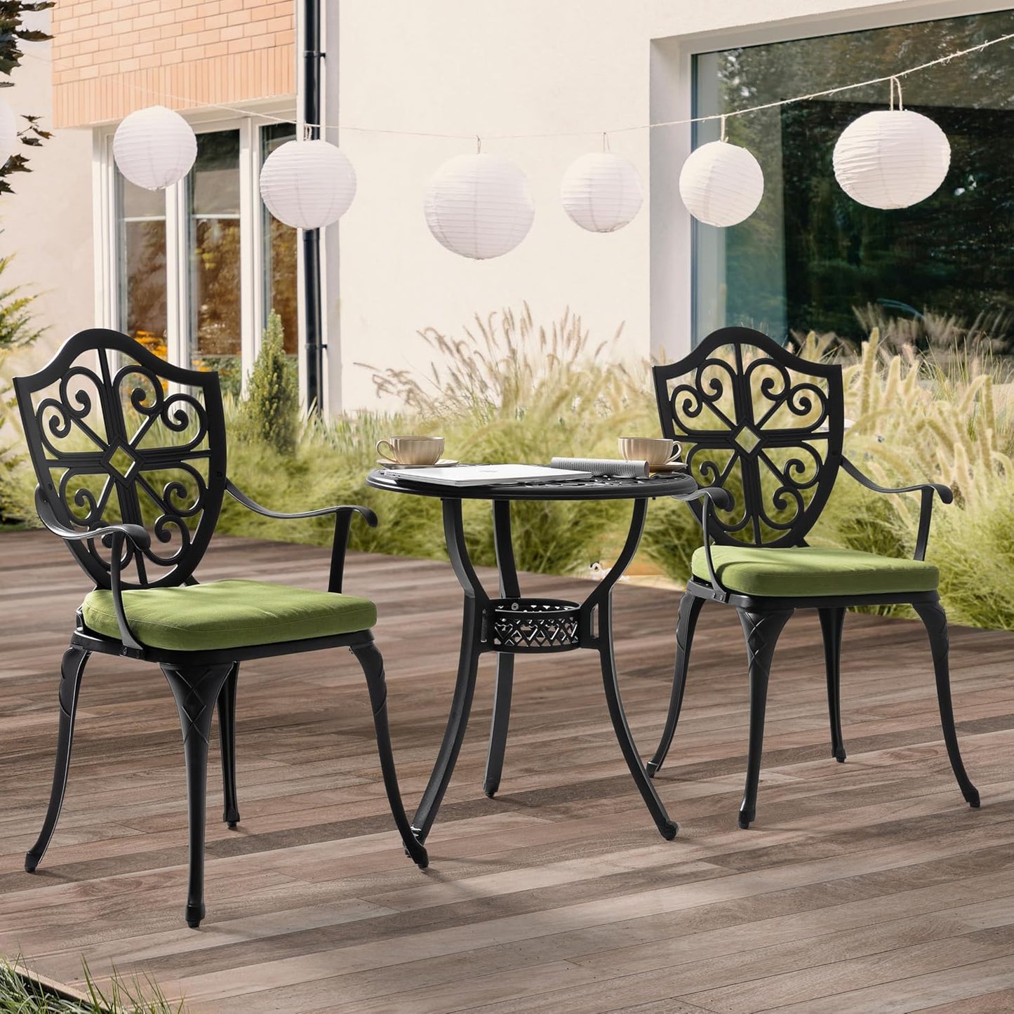 NUU GARDEN 3 Piece Outdoor Bistro Set Cast Aluminum Patio Set Bistro Table Set Rustproof Patio Table and Chairs with Umbrella Hole and Green Cushions for Backyard, Balcony, Porch, Black