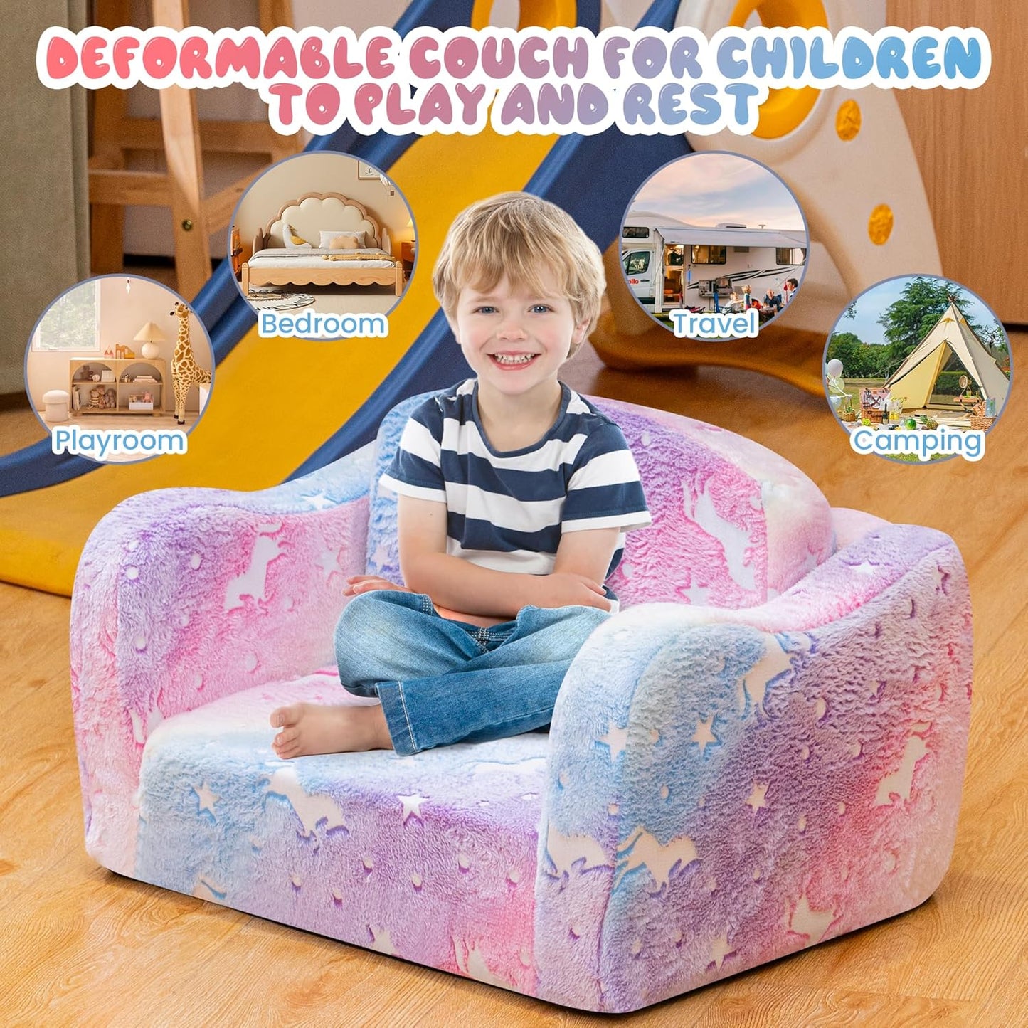 Lamerge 2-in-1 Toddler Couch,Glow in The Dark Baby Floor Bed,Foldable Toddler Chair Kids Sofa for playroom,Convertible Sofa to Lounger for Girls and Boys (Rainbow and Unicorn)