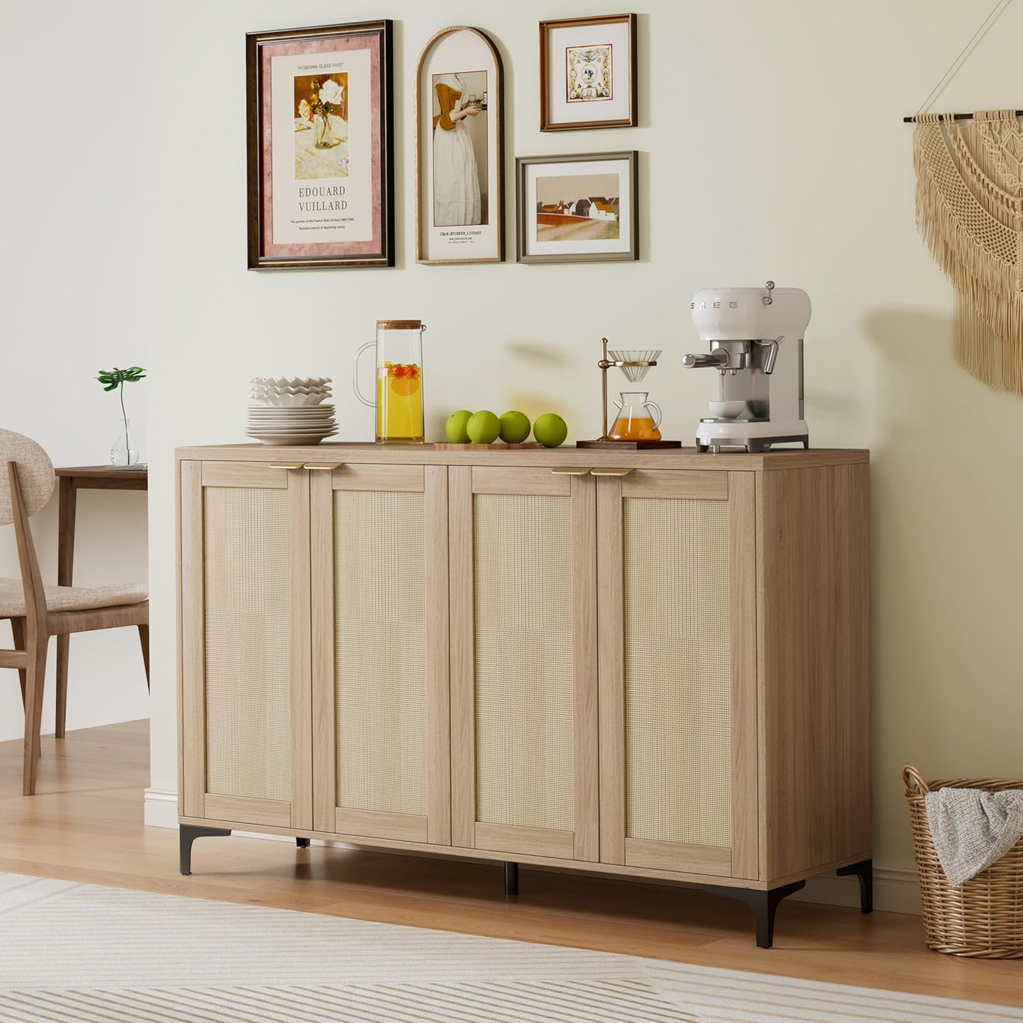 Sideboard Buffet Cabinet with Storage, 4 Doors Rattan Kitchen Cabinet with Adjustable Shelf, Accent Sideboard Entryway Console Table for Living Room, Natural