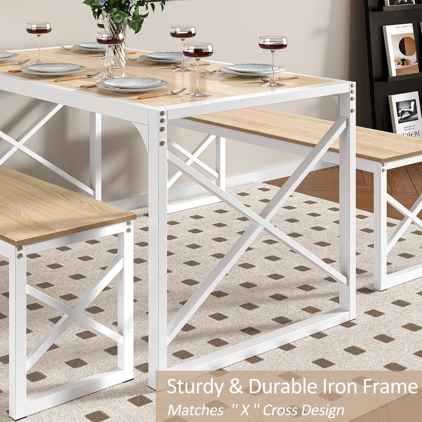 VECELO Kitchen Dining Table Set for 4 to 6, 55" Wood Dinette 2 Benches with Metal Frame for Dinner Breakfast Nook and Small Space, Oak