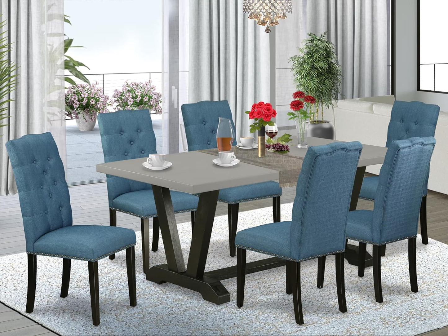East West Furniture V697EL121-7 7 Piece Dining Set Consist of a Rectangle Dining Room Table with V-Legs and 6 Blue Linen Fabric Upholstered Chairs, 40x72 Inch, Multi-Color