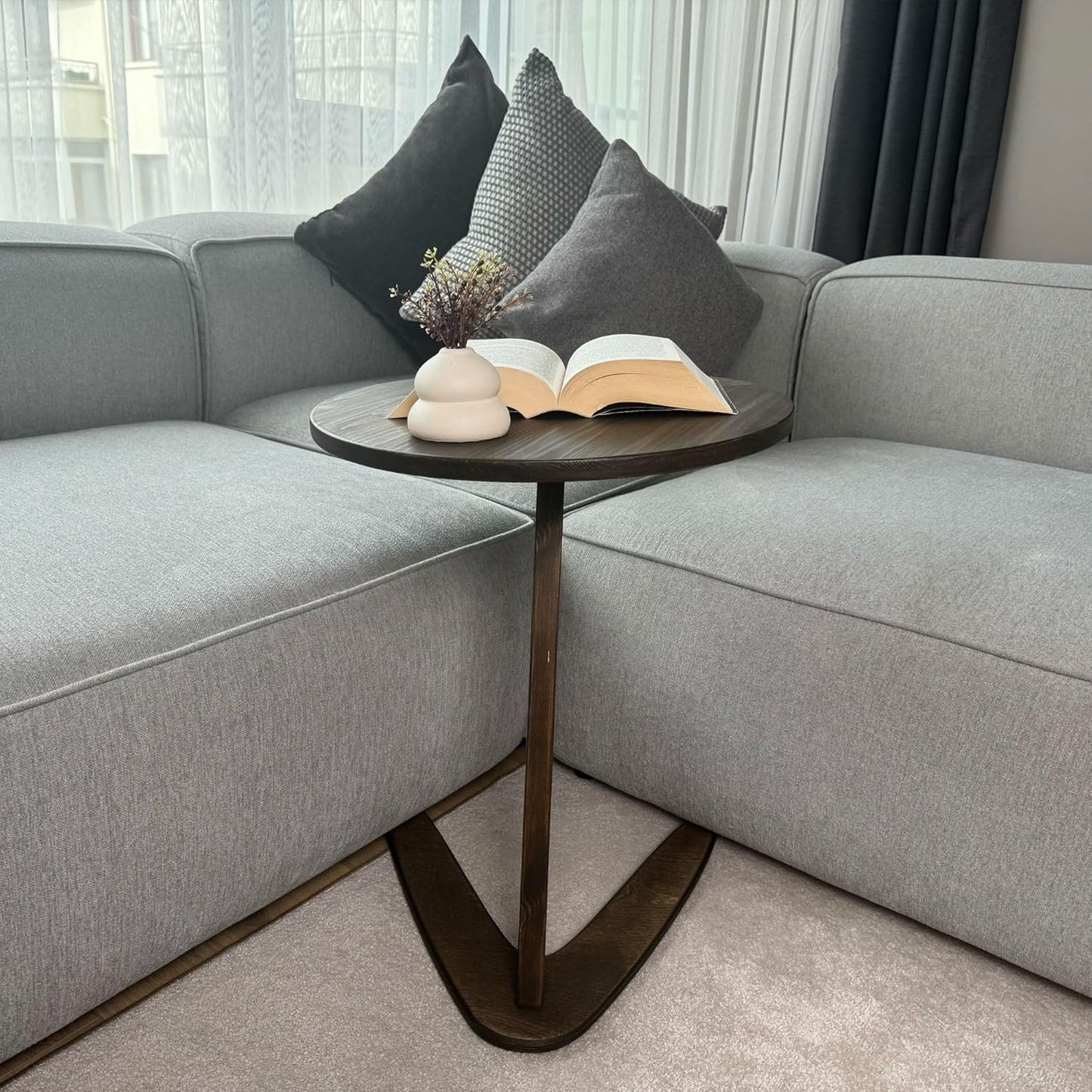 C-Shaped Handmade End Table, Side Table for Couches, Sofa Tables Slide Under Couch for Living Room, Over Couch TV Tray Table for Small Spaces (Large, Dark Walnut)