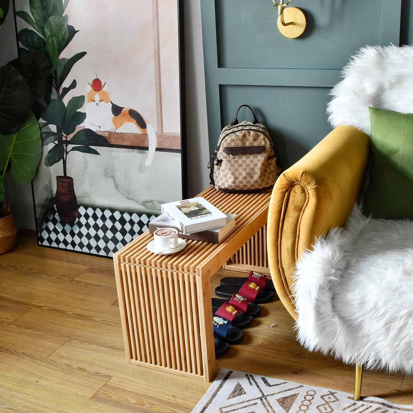 Bamboo Dining Bench, 35 Inch Farmhouse Decor Indoor Kitchen Table Bench with Outdoor & Entryway Functionality