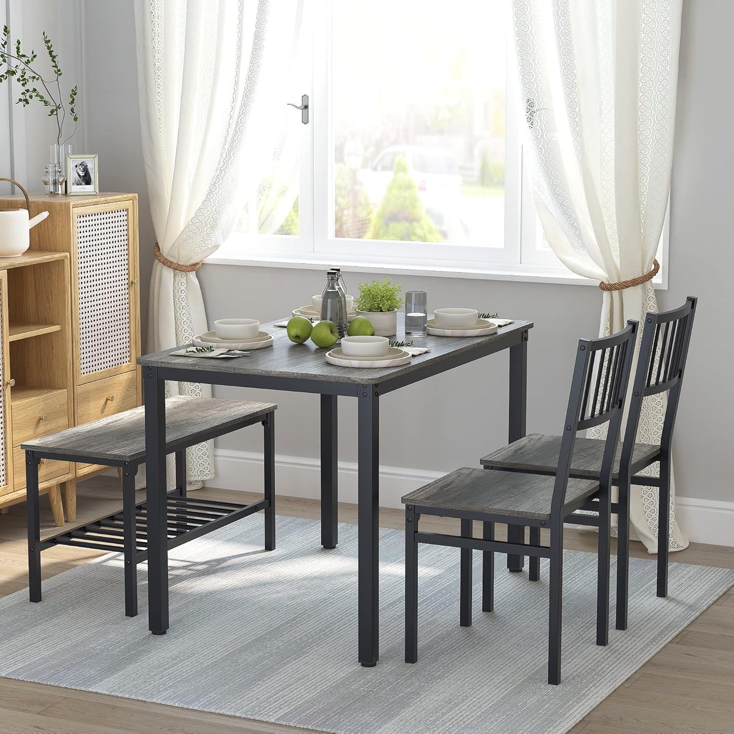 Teraves Dining Table Set for 4/Computer Desk,Kitchen Table with 2 Chairs and a Bench,Table and Chairs Dining Set 4 Piece Set for Dining Room (Black Oak+Black Frame, 110CM)