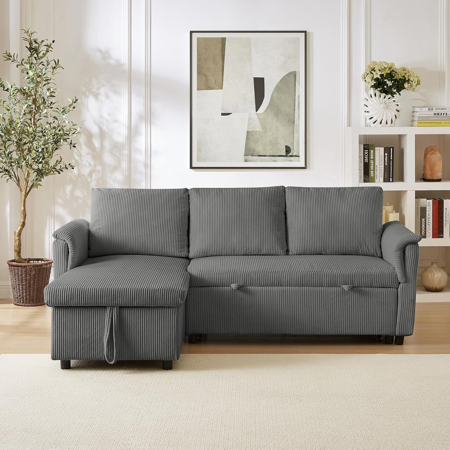 Ball & Cast Reversible Sectional Sofa Couch,L-Shape Sleeper Sofa Bed with Storage Chaise Pull Out Couch for Living Room | Hidden Storage | Pull Out Bed | Removable Backrest | Corduroy Fabric,Gray
