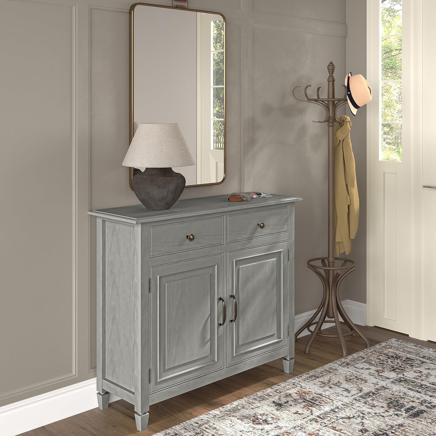 SIMPLIHOME Connaught 40-inch Wide Solid Wood Storage Cabinet in Fog Grey for Entryway, Living Room, Organizer for Hats, Gloves, Shoes, Keys, Slim Design, Traditional Style