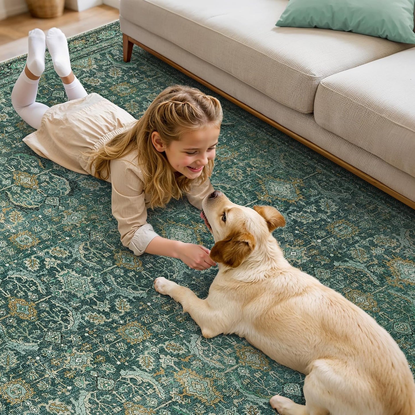 8X10 Area Rugs Machine Washable Rugs for Living Room, Vintage Boho Large Rugs for Bedroom Dining Room, Non Slip Indoor Soft Distressed Lightweight Thin Low Pile Carpet, Turquoise