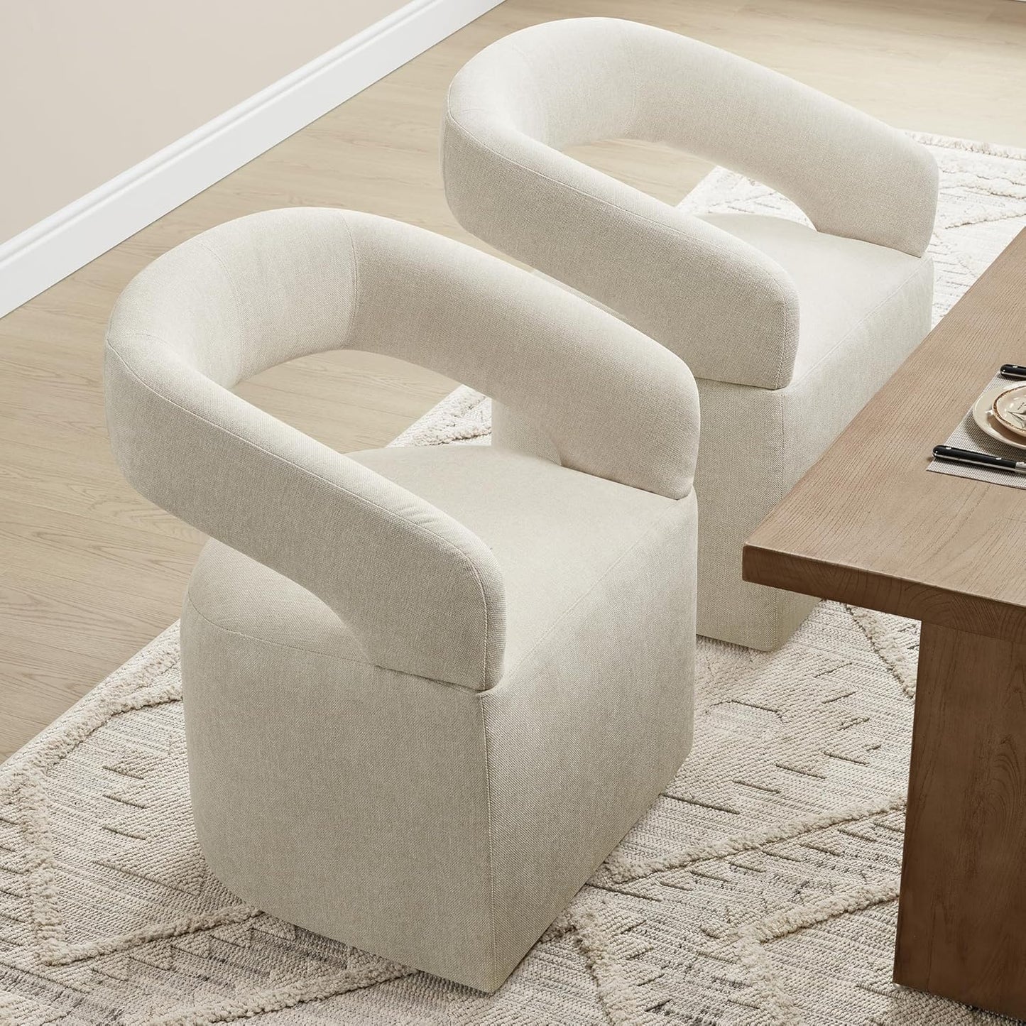 Upholstered Dining Chairs with Removable Casters Barrel Side Armchair with Rollers for Diningroom Bedroom Livingroom Reading Room, Cream Beige, 2PCS