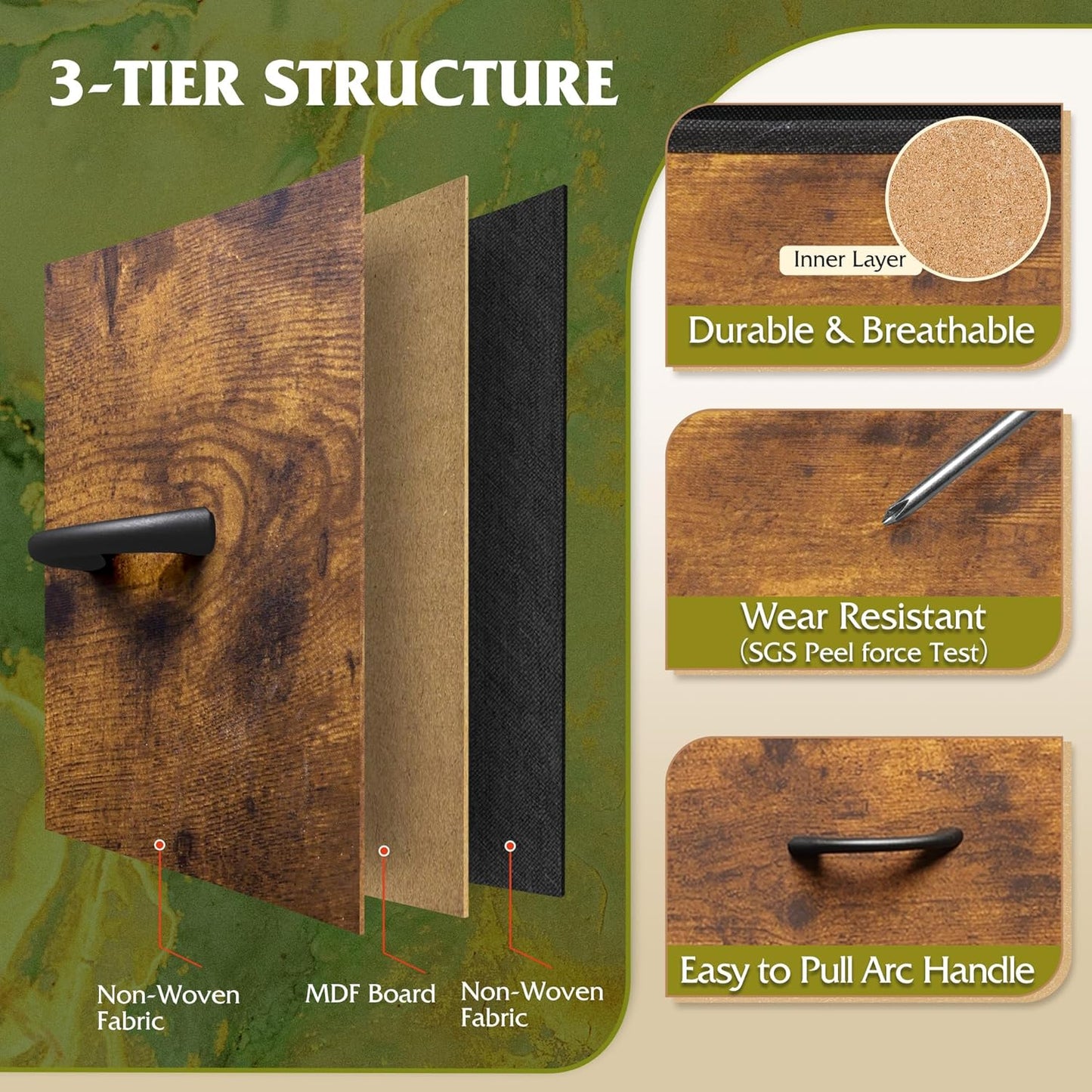 WLIVE Tall Dresser for Bedroom, 7 Drawer Dressers & Chests of Drawers, Fabric Dresser for Closet, Night Stand with Metal Frame, Storage Tower with Fabric Bins, Wood Top, Rustic Brown Wood Grain Print