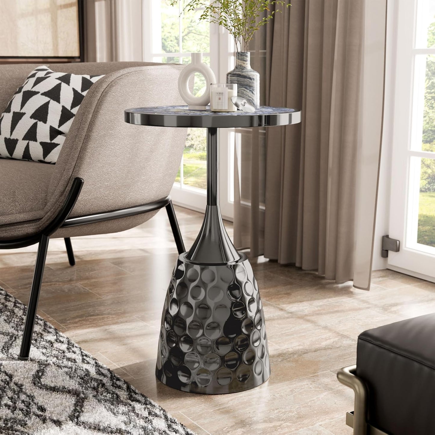 HOMES: Inside + Out Halric Modern 24" Tall Round End Table with Printed Tabletop and Iron Metal Base, Accent Furniture, Pedestal Stand for Living Room, Home Office, Black with Geometric Floral