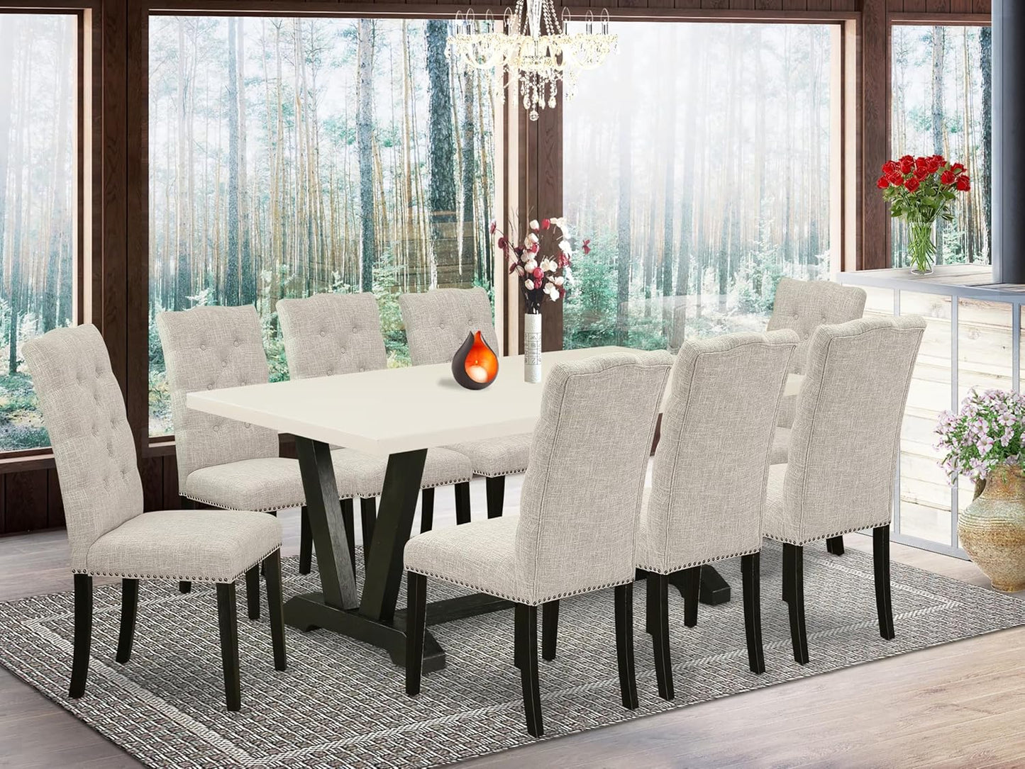East West Furniture V627EL635-9 9 Piece Dining Table Set Includes a Rectangle Kitchen Table with V-Legs and 8 Doeskin Linen Fabric Parson Dining Room Chairs, 40x72 Inch, Multi-Color