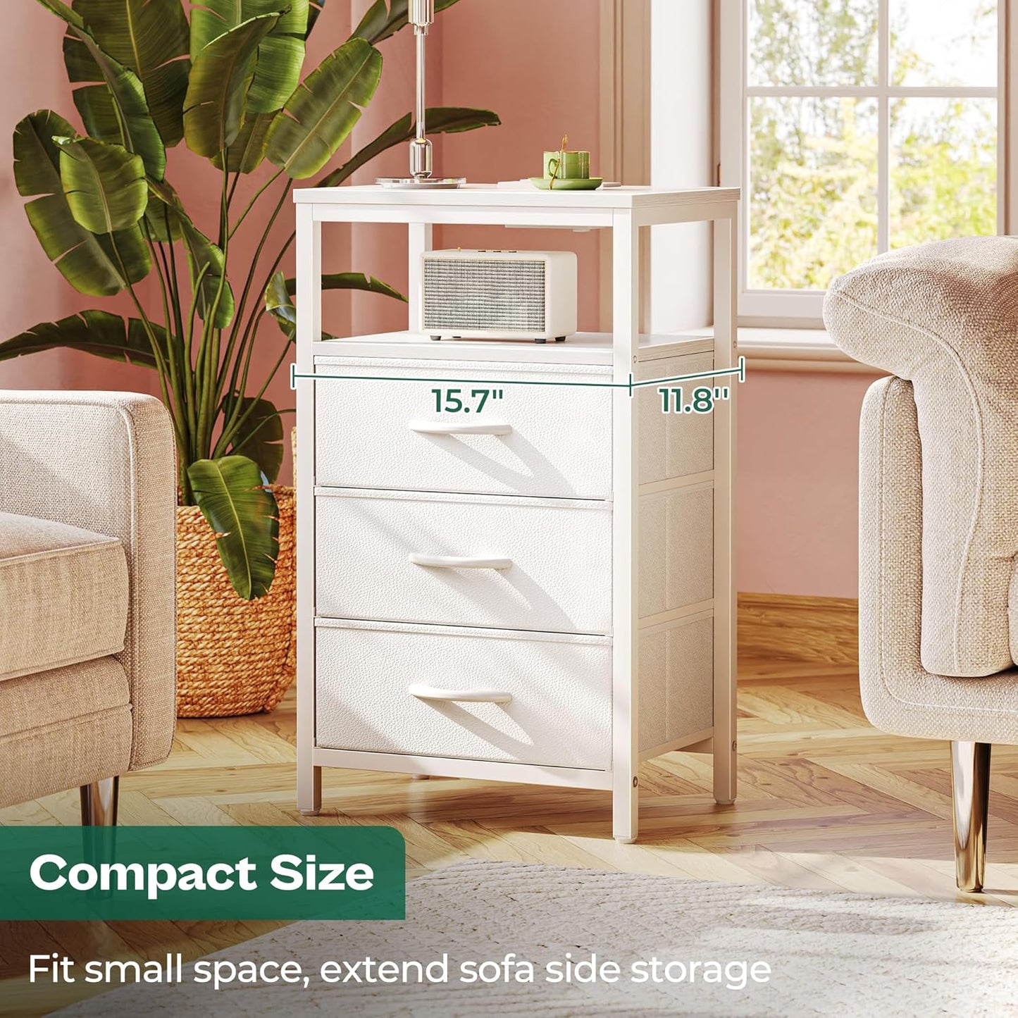 Huuger Nightstands Set of 2, 27.6 Inch End Tables with Charging Station, Bedside Tables with Drawers, PU Leather Finish, USB Port and Outlet, Night Stands for Bedroom, White