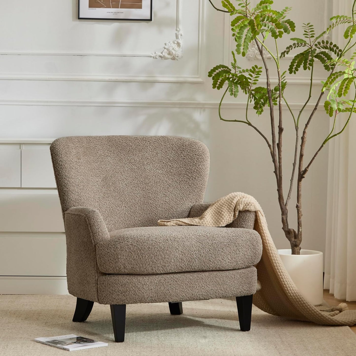 Christopher Knight Home Colby Boucle Upholstered Club Chair, Living Room Accent Chair, Wooden Frame, Flared Armrest, Plush Thick Cushion, Reading Lounge Chair, Space-Saving Furniture, Light Brown