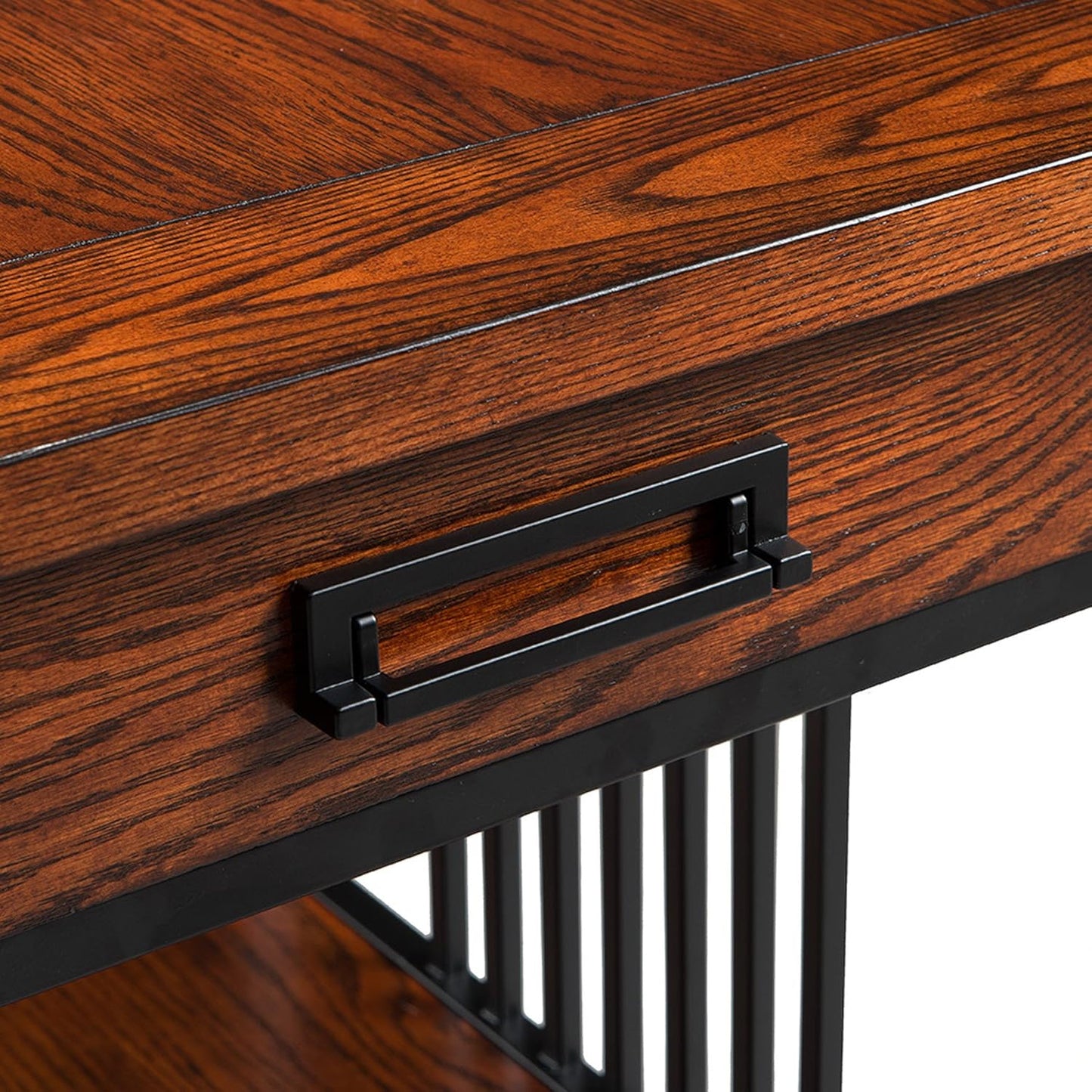 Leick Home Ironcraft Coffee Table, Solid Wood, 2 Drawers, 1 Display Shelf, Mission Oak, Black Steel, Easy Assembly, 46 in L x 22 in W x 20 in H, 11262