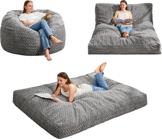 Hobestluk Bean Bag Chair Convertible Beanbag Chairs for Adults, 3 in 1 Bean Bags with Plush Chevron Cover, Adult Bean Bag Chair for Living Room, Bedroom (Grey, Full)