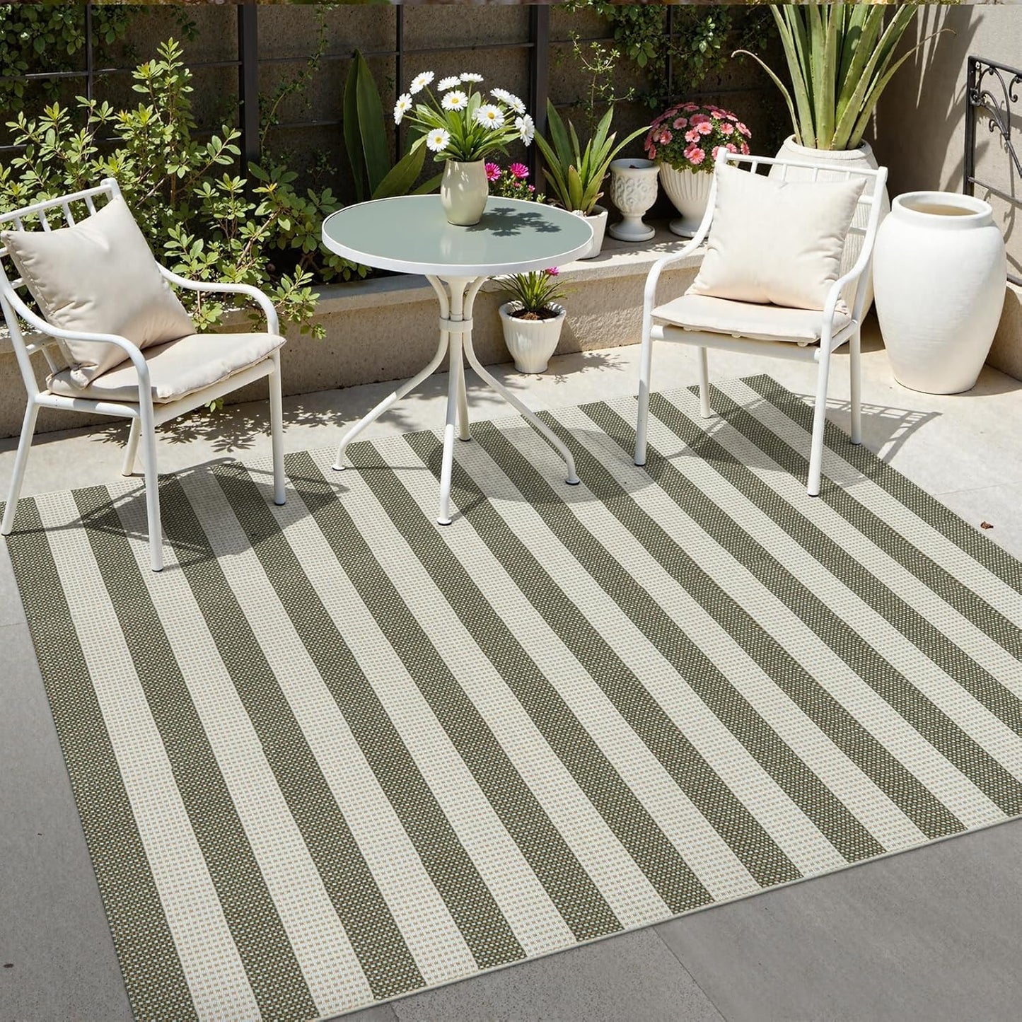 OJIA Outdoor Patio Rug 5'x7', Striped Rug Machine Washable Large Area Rugs Cotton Woven Thin Indoor Outdoor Rugs for Bedroom/Living Room/Front Porch/Deck/Backyard/Camping (Green/White/Tan)