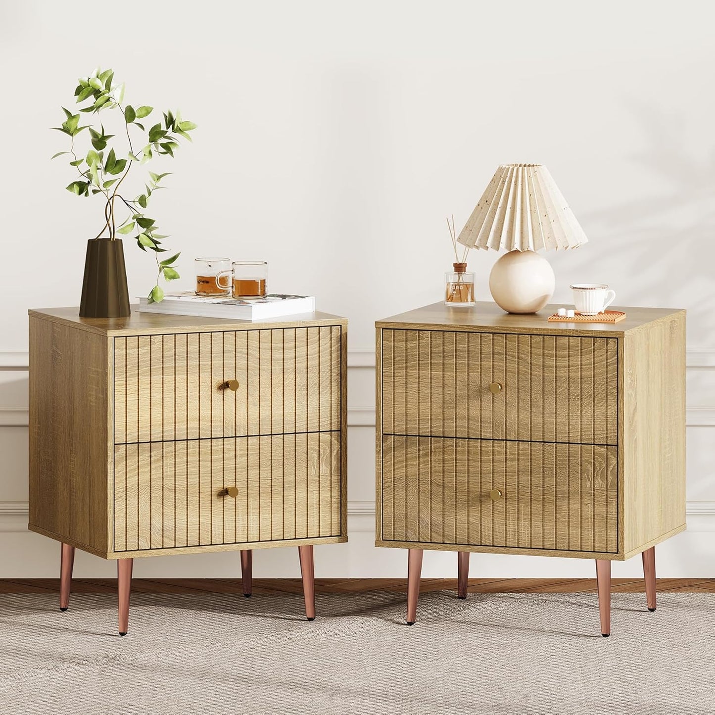 Black Night Stand Set 2,Fluted Nightstand with Door and Open Storage Space,Modern Bedside Table and Wood End Side Table with Golden Metal Legs and Handles for Bedroom,Black (Wood, 2 Drawers)