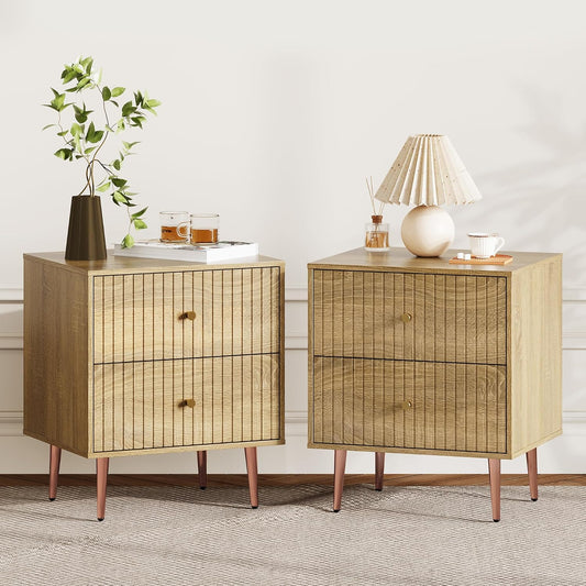 Black Night Stand Set 2,Fluted Nightstand with Door and Open Storage Space,Modern Bedside Table and Wood End Side Table with Golden Metal Legs and Handles for Bedroom,Black (Wood, 2 Drawers)