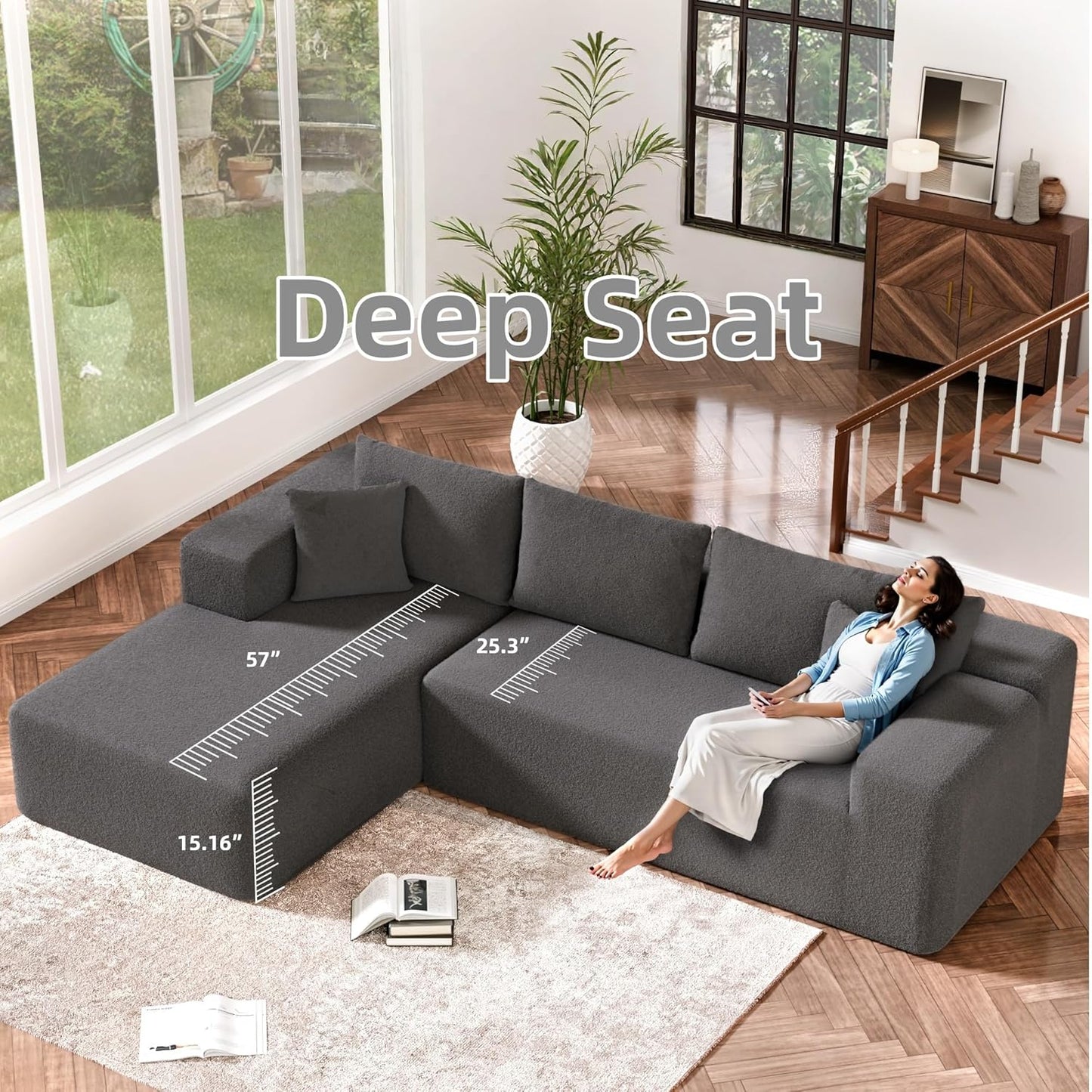 Cloud Sectional Couch, 104”L-Shape Oversized Sofa with Right Chaise Lounge, Modular Sleeper Couch with Pillows & Deep Seat, Rain Drop Velvet Fabric Compressed Sofa for Living Room, Dark Gray