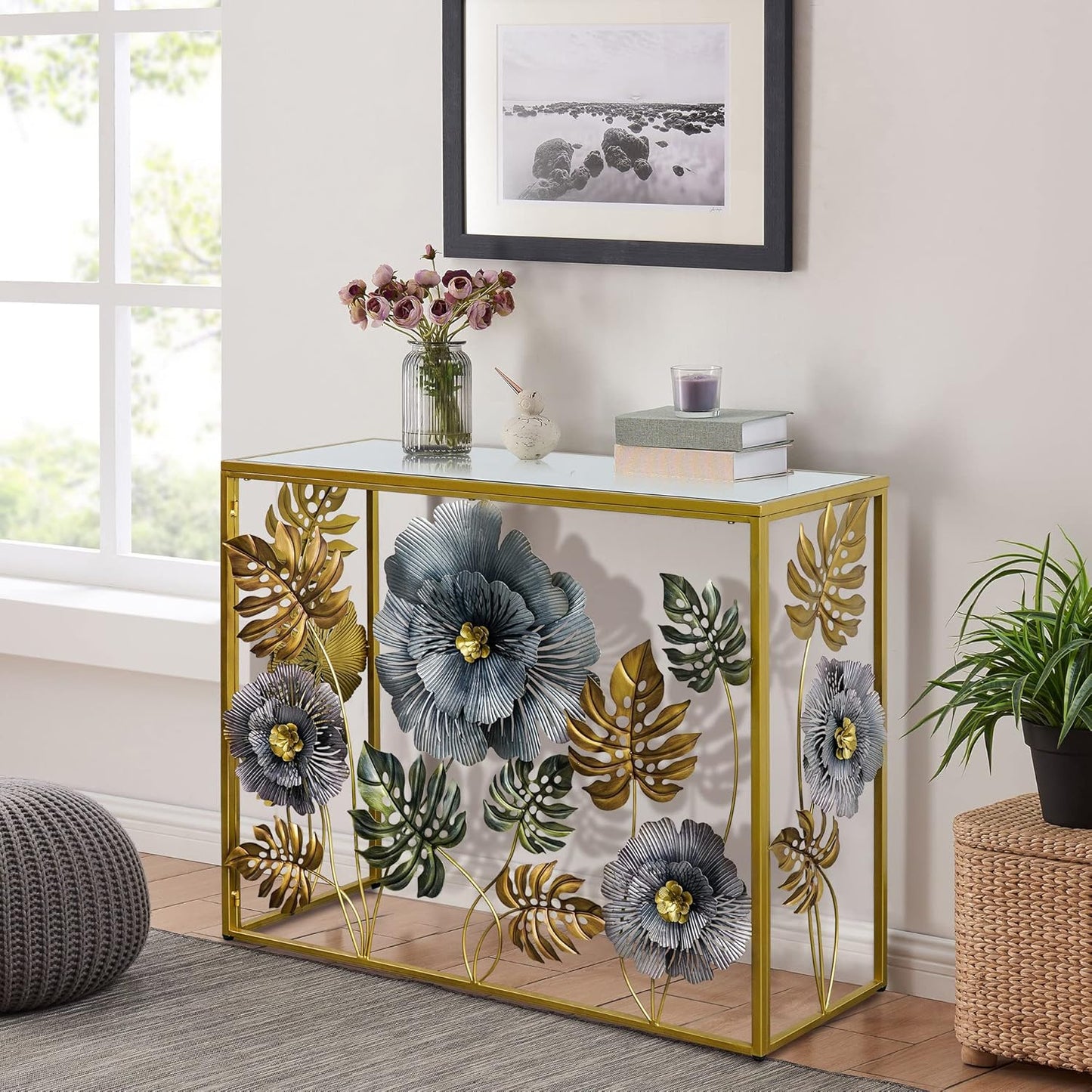 Console Table, Vintage Art Sofa Table with Metal Flower Decor, Narrow Entryway Tables with Glass Mirror Tabletop Behind Sofa, Narrow Accent Table for Entryway Living Room Hallway Bedroom