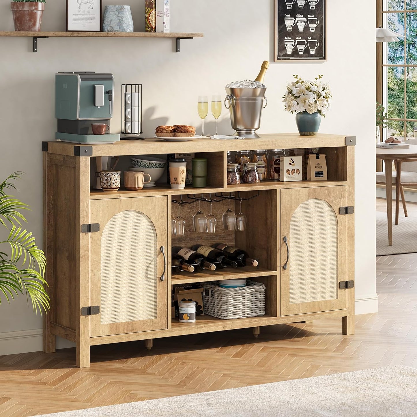 IDEALHOUSE Rattan Buffet Cabinet with Storage, Rattan Wine Bar Cabinet, Sideboard with Glass Holder, Adjustable Shelves, Coffee Bar Cabinet for Living Room Dining Room Hallway, Natural