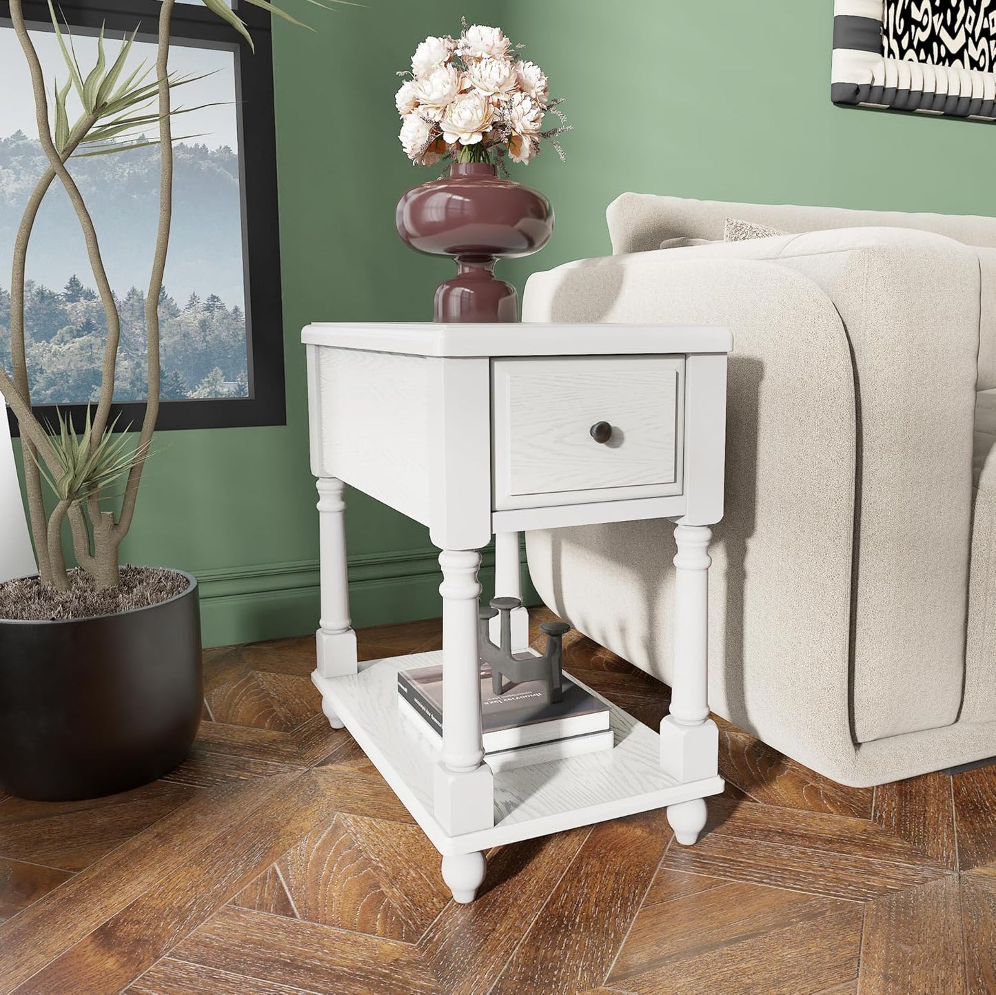Narrow End Table with Drawer and Open Storage Shelf, Solid Wood Sofa Side Table for Living Room, Beside Table,Telephone Table for Small Spaces,No-Tools Assembly Vintage White BBJ004RW