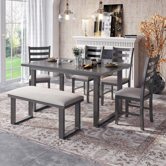 6 Pieces Dining Table Set with 60" Rectangle Kitchen Desk,Wooden Living Room Furniture W/ 4 Ladder Back Upholstered Chairs and 1 Bench,for Restaurant,Home Bistro,Gray