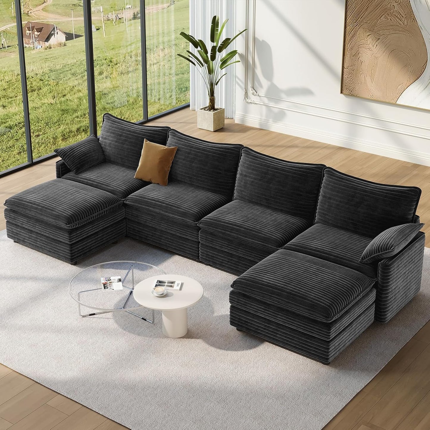 Vesgantti 142" U Shaped Sectional Couch, Comfy Cloud Modular Sectional Sofa with 2 Ottoman Deep Seat Corduroy Modern Cloud Sofa, Modular Sofas for Living Room, Bedroom and Apartment, Gray