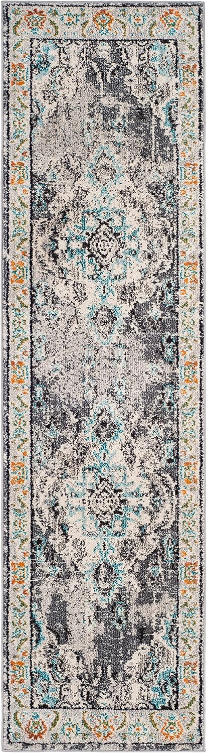 SAFAVIEH Monaco Collection Runner Rug - 2'2" x 18', Grey & Light Blue, Boho Chic Medallion Distressed Design, Non-Shedding & Easy Care, Ideal for High Traffic Areas in Living Room, Bedroom (MNC243G)