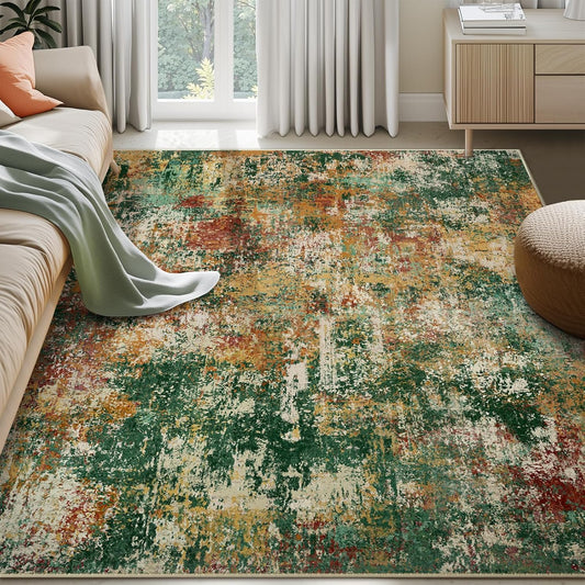 Washable Area Rugs 5'x7' Non-Slip Modern Abstract Soft for Living Room Entryway Bedroom Nursery, Print Pattern, Green Orange Rust Red Cream Colorful