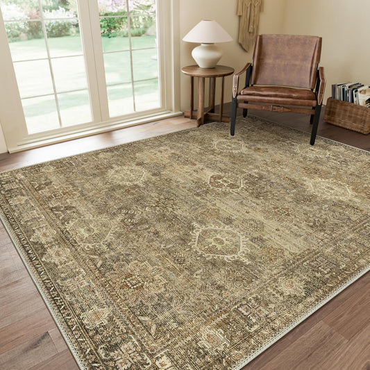 GENIMO 8X10 Area Rugs for Living Room, Machine Washable Non Slip Vintage Floral Patchwork Rug, Thin Low Pile Chenille Carpet Rugs for Bedroom, Dining Room, Straw