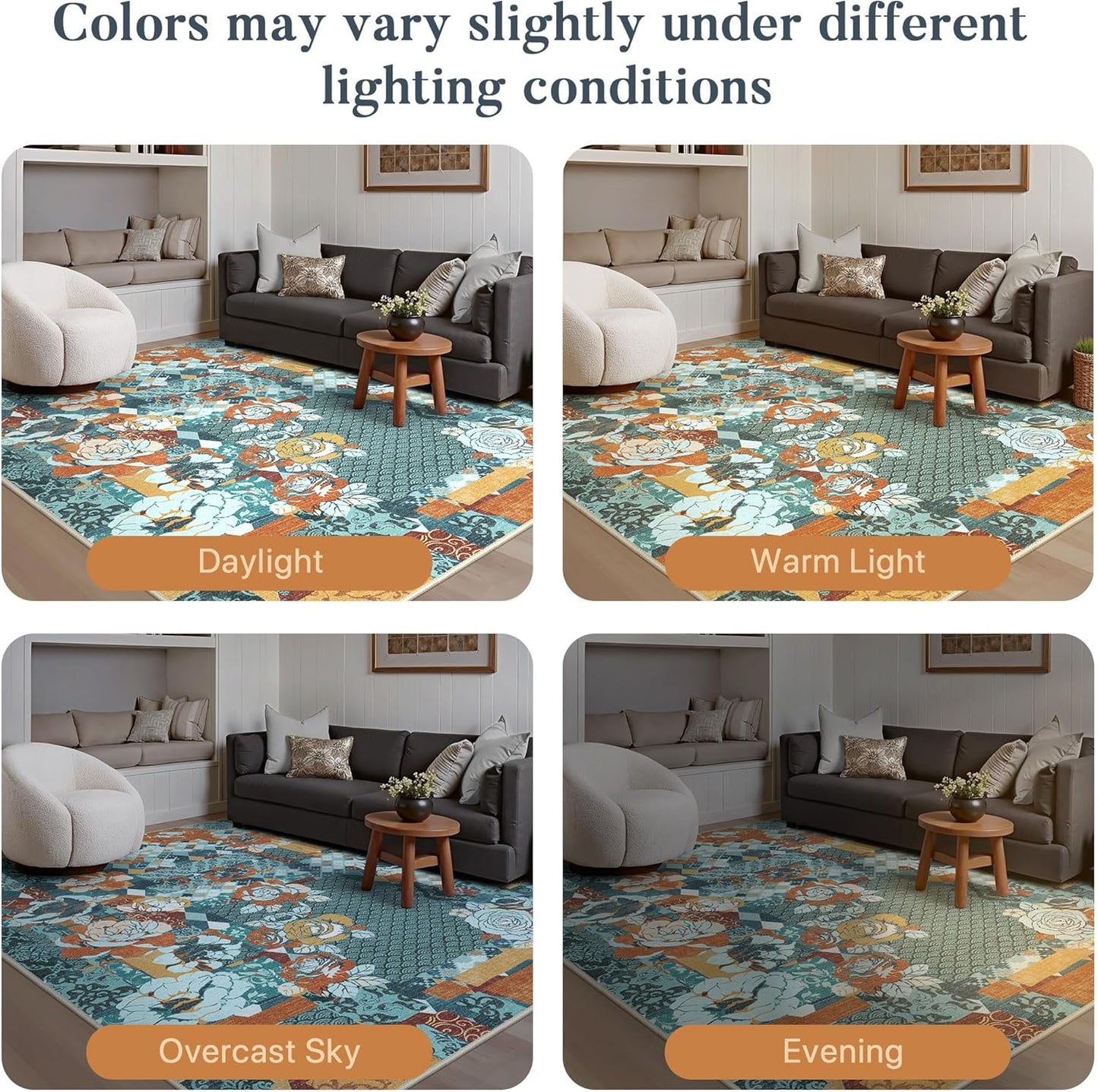 GENIMO 5X7 Floral Area Rugs for Living Room, Machine Washable Non Slip Vintage Patchwork Washable Rug, Ultra-Thin Low Pile Chenille Rugs for Bedroom, Dining Room, Navy Blue