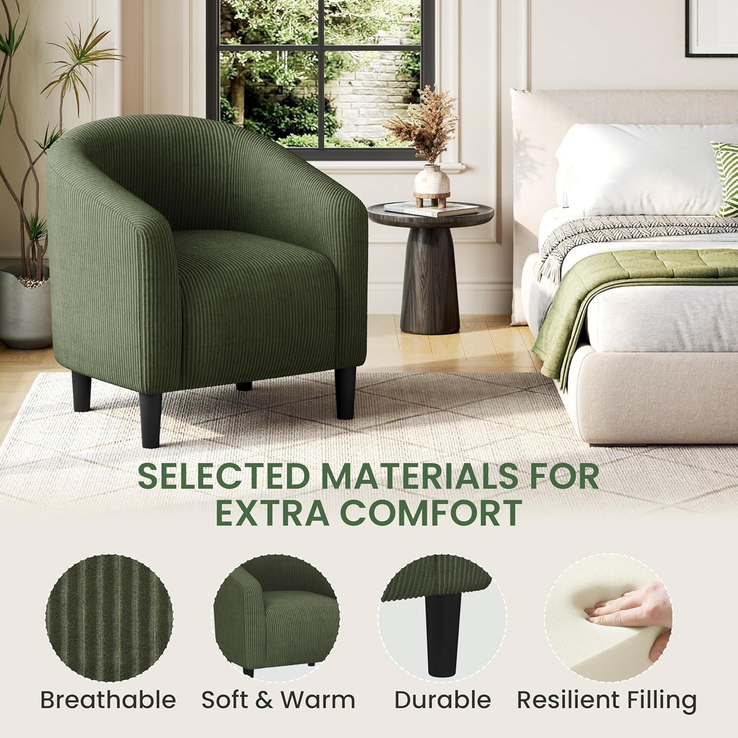 Yaheetech Accent Barrel Chair, Corduroy Fabric Club Chair, Furry Sherpa Elegant Armchair with Cozy Soft Padded, Suitable for Living Room Bedroom Reception Room Office, Dark Green