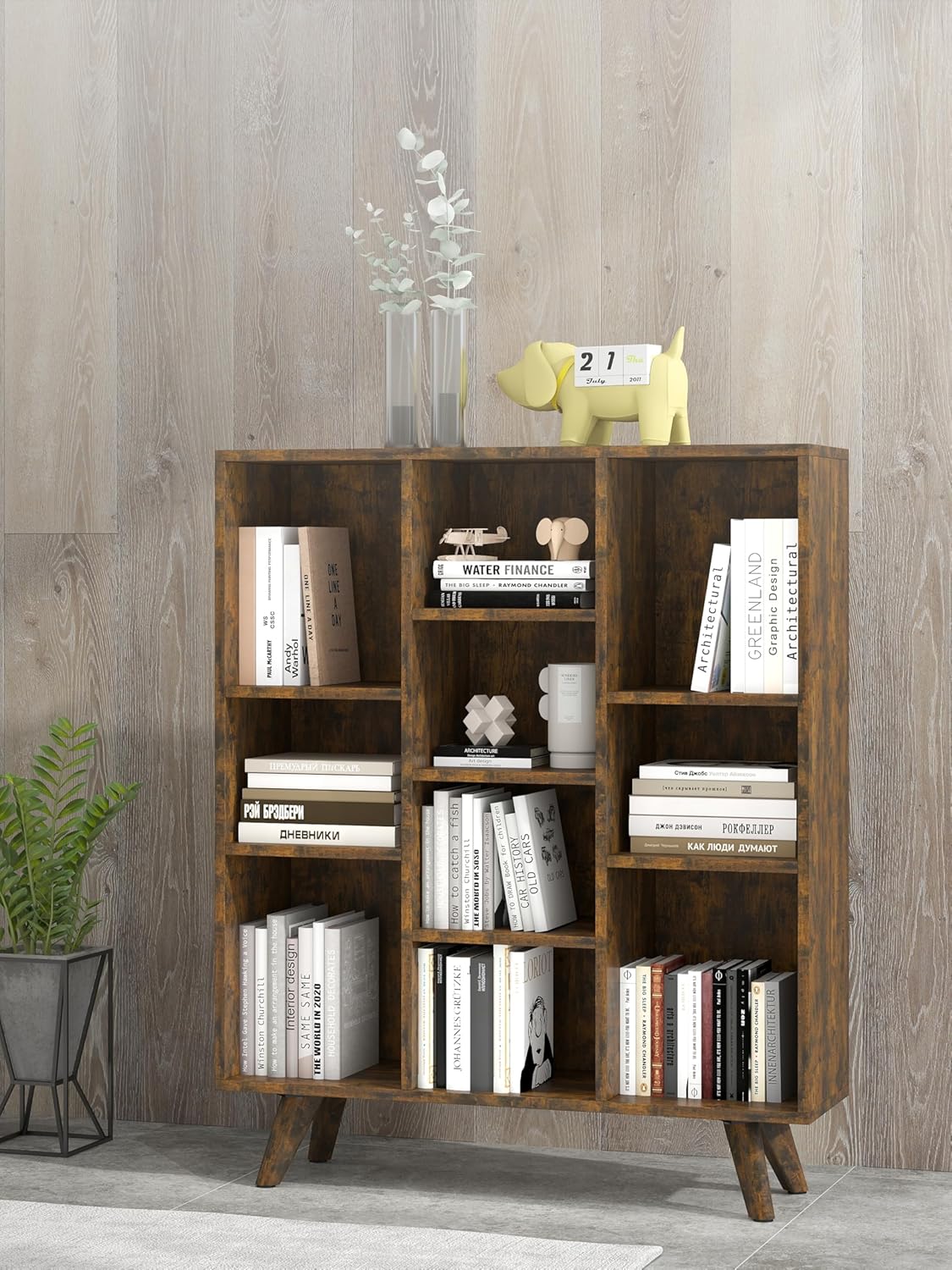 Manora Rustic Brown 10 Cube Mid Century Modern Bookshelf, Wooden Storage Organizer with Open Shelves, Retro Bookcase for Living Room, Bedroom, Home Office