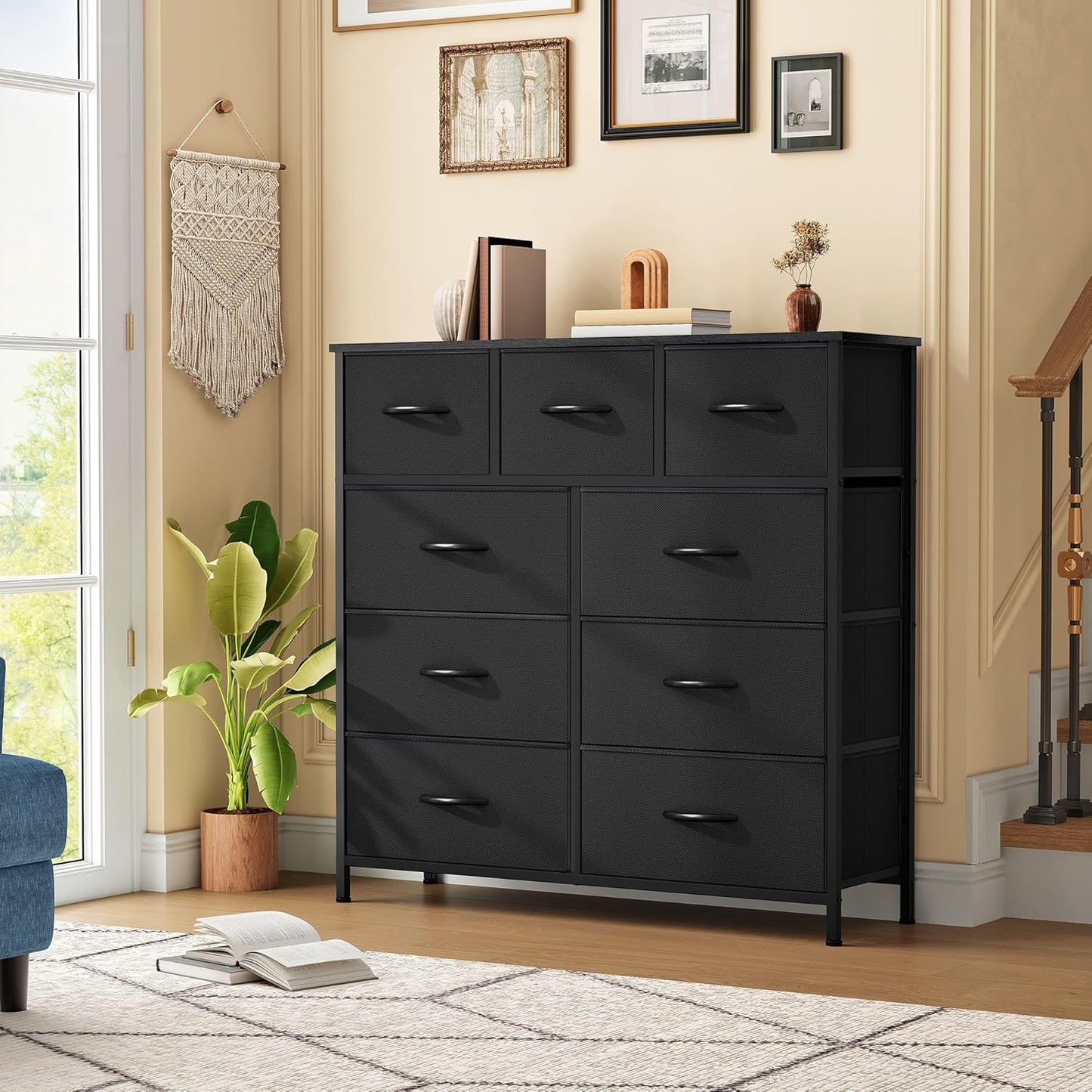 DWVO Dresser with 9 Drawers - Fabric Storage Tower, Organizer Unit for Living Room, Hallway - Sturdy Steel Frame, Wooden Top & Easy Pull Fabric Bins (Black)