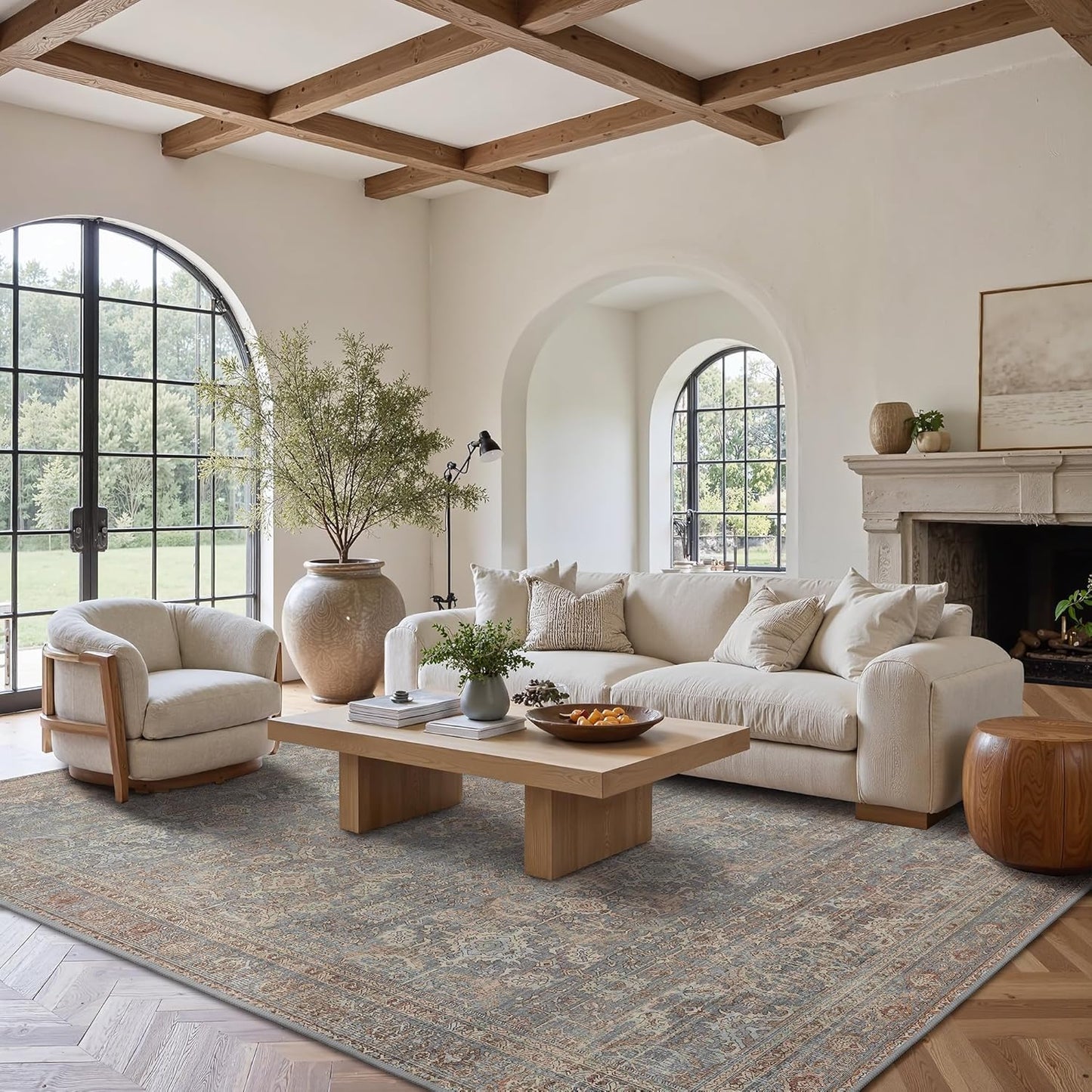 9X12 Area Rugs Machine Washable Rugs for Living Room, Vintage Boho Large Rugs for Bedroom Dining Room, Non Slip Indoor Soft Distressed Lightweight Thin Low Pile Carpet, Dusty Blue