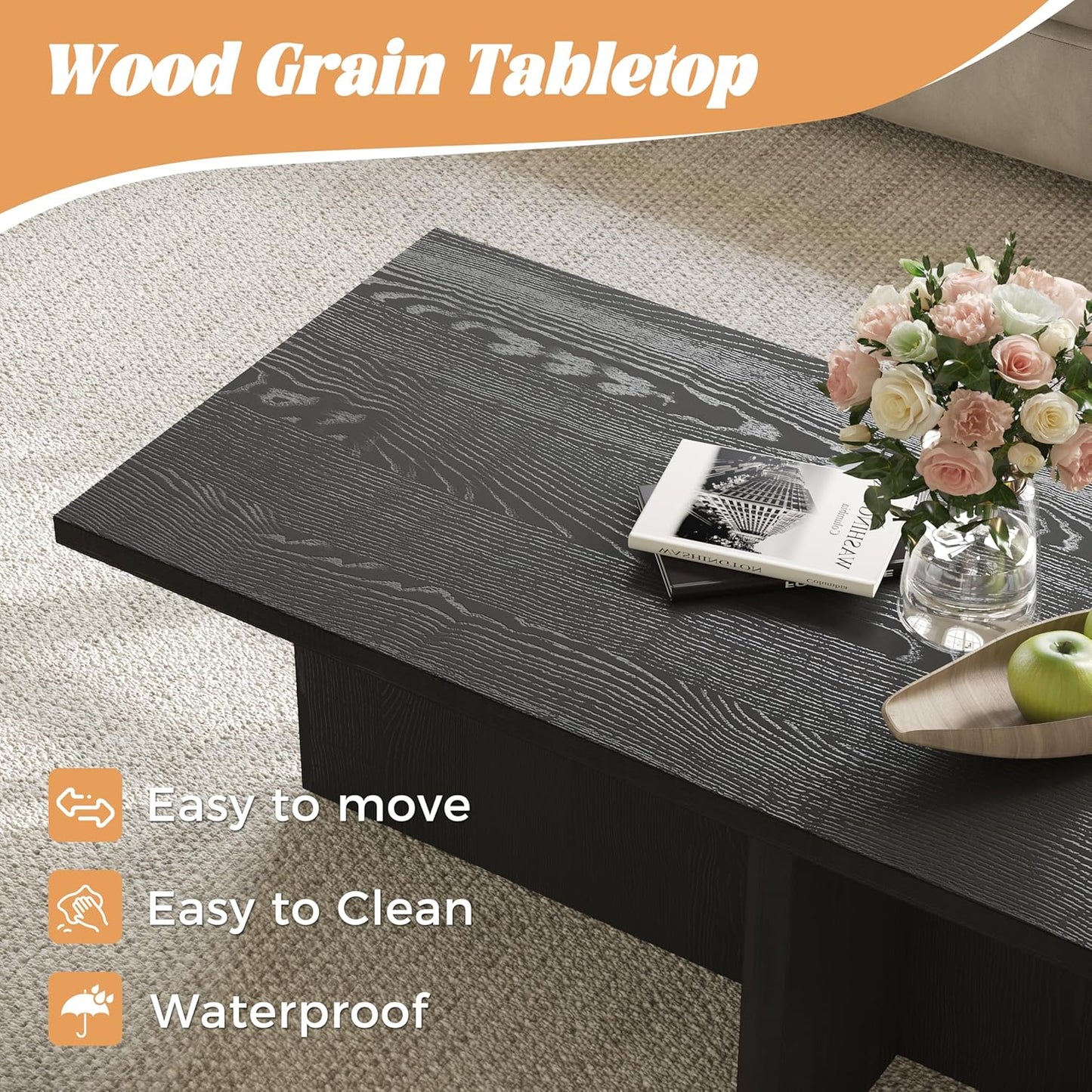 Luoxiao Rectangle Coffee Table for Living Room 47 inch Wood Modern Center Accent Table Minimalist Small Rectangular Cocktail Table Black, Space Saving, Easy Assembly