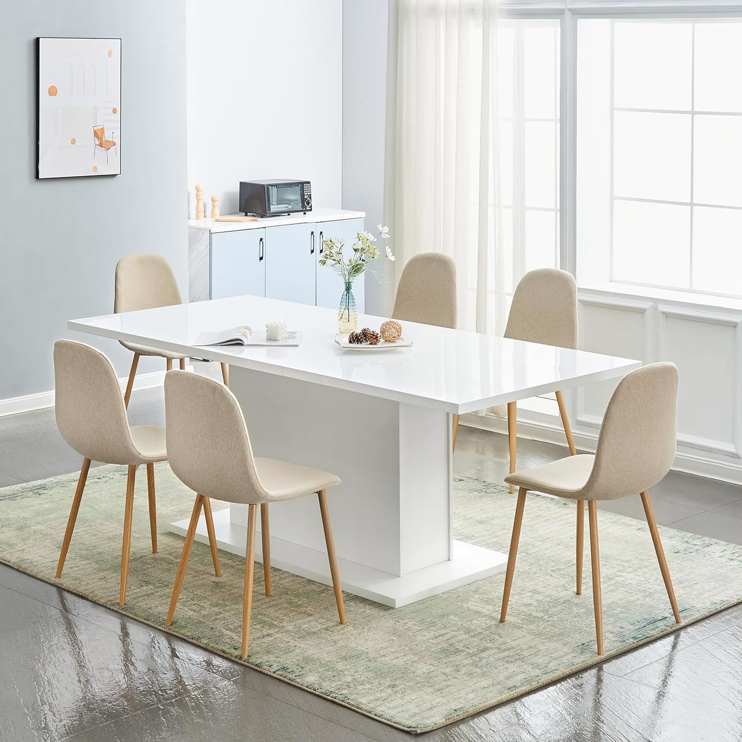 FurnitureR Dining Chairs Set of 4, Upholstered Fabric Armless Dining Room Seating, Side Chair Mid-Back with Metal Legs for Kitchen Living Room Bedroom, Light Beige