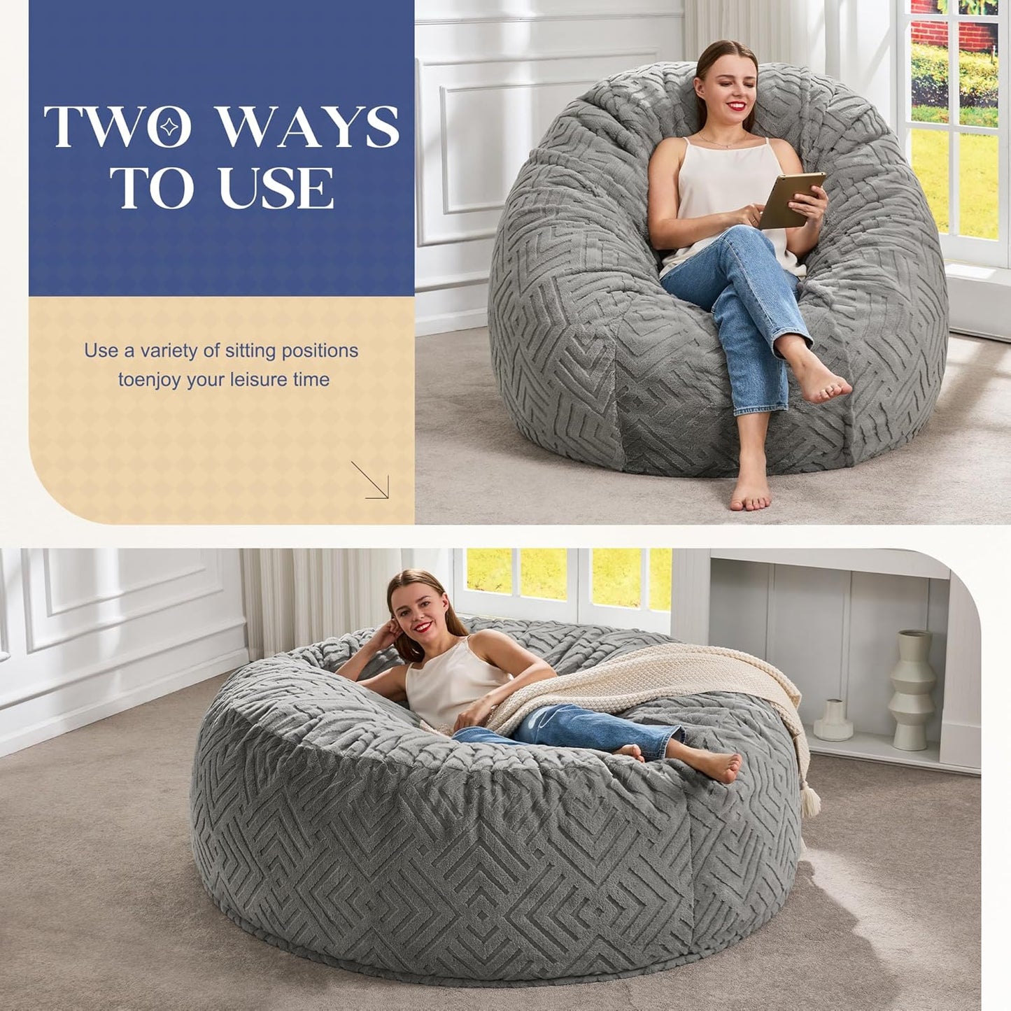 Hobestluk Bean Bag Chairs Adults Beanbag Chair with Filler Large Bean Bags with Fluffy Embossed Cover, Giant Bean Bag Chairs for Adults (Grey, 5FT - 50” x 50” x 24”)