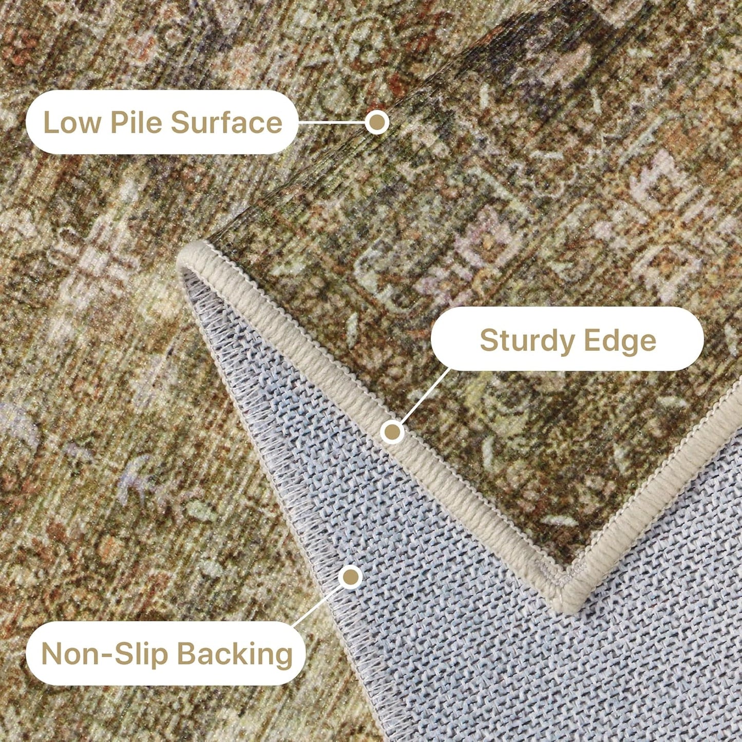 GENIMO 2X5 Hallway Runner Rug, Machine Washable Non Slip Vintage Floral Patchwork Runners, Thin Low Pile Chenille Carpet Runners for Entryway, Kitchen, Bathroom, Bedroom, Straw