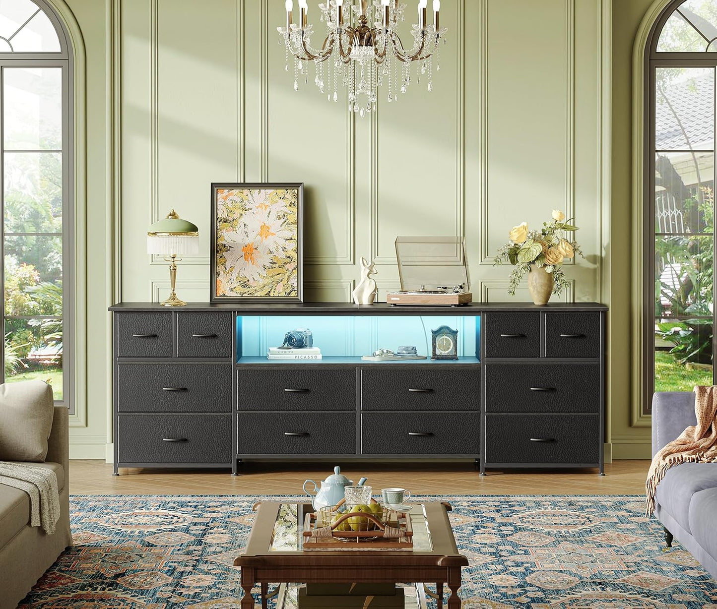 Huuger 70.9 Inch Dresser TV Stand with LED Lights, Power Outlets and USB-C Port, 12 Fabric Drawer Dresser for Bedroom, Wide Entertainment Center for 75, 80 Inch TV, Media Console, Open Shelf, Black