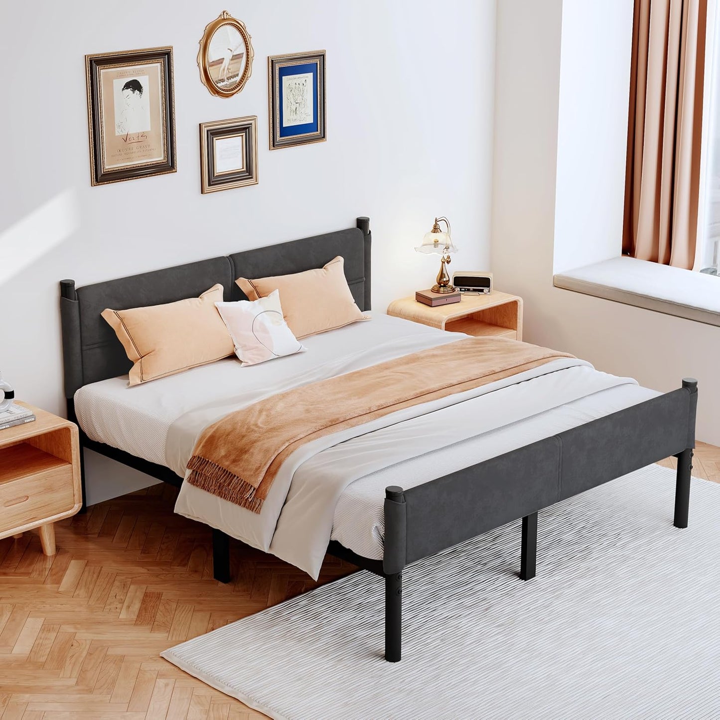 Metal Bed Frame,14Inch Queen Size Bed Frame with Storage Space,Heavy Duty Sturdy Mattress Foundation,Easy Assembly,No Box Spring Needed,Queen Grey