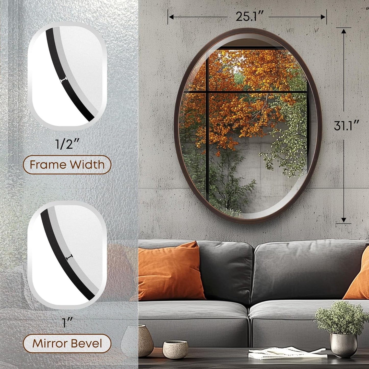 OVALCREST - Oval Wooden Beveled Wall Mirror for Home Decor, Bathroom, Vanity, Bedroom, Living Room, Hallway - London Style (Rubbed Bronze) 25.1 x 31.1
